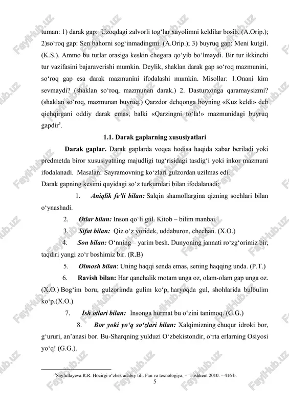 taqdiri yangi zo‘r boshimiz bir. (r.b) 5. olmosh bilan: uning haqqi senda emas, sening haqqing unda. (p.t.) 6. ravish bilan: har qanchalik motam unga oz, olam-olam gap unga oz.(x.o.) bog‘im boru, gulzorimda gulim ko‘p, haryoqda gul, shohlarida bulbulim ko‘p.(x.o.) 7. ish otlari bilan: insonga hurmat bu o‘zini tanimoq. (g.g.) 8. bor yoki yo‘q so‘zlari bilan: xalqimizning chuqur idroki bor, g‘ururi, an’anasi bor. bu-sharqning yulduzi o‘zbekistondir, o‘rta erlarning osiyosi yo‘q! (g.g.). tinch ohang bilan aytilib, darak-xabar ma’nosini ifodalagan nominativ va to‘liqsiz gaplar ham darak gap hisoblanadi.masalan: kuz achchiq shamol. (o). darak gap turlariga qaraganda ko‘proq qo‘llaniladi. bu hol darak gapning ifodalanishi xilma-xilligidan kelib chiqadi. xatto butun-butun matnlar darak gap harakterida bo‘ladi. darak gap darak intonatsiyasi bilan aytiladi. bunda gapning birinchi qismida ohang ko‘tariladi. ikkinchi qismida esa pasayadi. masalan: biz butun mashg‘ulotlarda aktiv ishtirok etamiz. darak gapning mazmun turlari. darak gaplar turli mazmunni ifodalaydi va uning har bir turning o‘ziga hos intonatsiyasi …