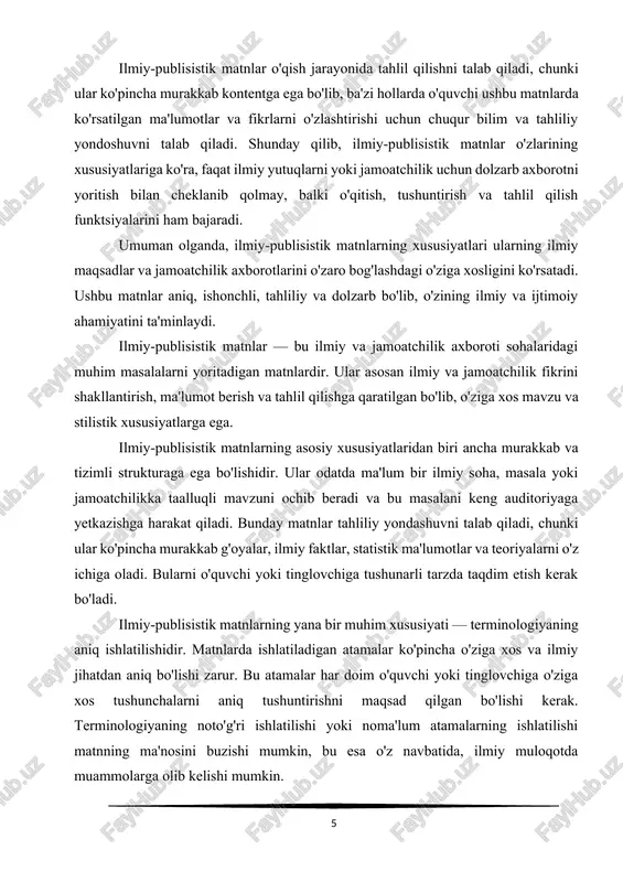 oha, masala yoki jamoatchilikka taalluqli mavzuni ochib beradi va bu masalani keng auditoriyaga yetkazishga harakat qiladi. bunday matnlar tahliliy yondashuvni talab qiladi, chunki ular ko'pincha murakkab g'oyalar, ilmiy faktlar, statistik ma'lumotlar va teoriyalarni o'z ichiga oladi. bularni o'quvchi yoki tinglovchiga tushunarli tarzda taqdim etish kerak bo'ladi. ilmiy-publisistik matnlarning yana bir muhim xususiyati — terminologiyaning aniq ishlatilishidir. matnlarda ishlatiladigan atamalar ko'pincha o'ziga xos va ilmiy jihatdan aniq bo'lishi zarur. bu atamalar har doim o'quvchi yoki tinglovchiga o'ziga xos tushunchalarni aniq tushuntirishni maqsad qilgan bo'lishi kerak. terminologiyaning noto'g'ri ishlatilishi yoki noma'lum atamalarning ishlatilishi matnning ma'nosini buzishi mumkin, bu esa o'z navbatida, ilmiy muloqotda muammolarga olib kelishi mumkin. shuningdek, ilmiy-publisistik matnlar ob'ektivlik va ishonchlilikka katta e'tibor beradi. bu matnlar ko'pincha faktlar, ilmiy tadqiqotlar yoki ekspert fikrlariga asoslanadi va shu asosda dolzarb masalalar yuzasidan fikrlarni taqdim etadi. jurnalistik shakldagi ilmiy-publisistik matnlar odatda tezkor va tahliliy bo'lib, jamiyatdagi hozirgi voqealarni yoritishda axborotning yangiligi va to'liqligini …