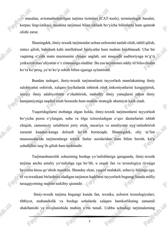 gi tarjimalarning aniqligi, terminologik to‘g‘riligi va mazmuniy aniqligi nafaqat tarjima sifati, balki xalqaro ilmiy loyihalar, ilmiy ishlanmalar va texnologik yechimlarning to‘g‘ri talqin qilinishi uchun ham beqiyos ahamiyatga ega. shu nuqtayi nazardan, ilmiy-texnik tarjimonlarni kasbiy tayyorlash zamonaviy ta'lim jarayonining ajralmas bo‘lagiga aylangan. tarjimon nafaqat til bilimiga, balki tarjima qilinayotgan soha bo‘yicha chuqur tushunchaga ega bo‘lishi zarur. masalan, kimyo, fizika, axborot texnologiyalari yoki tibbiyot kabi murakkab sohalarda ishlovchi tarjimonlar tegishli sohaning terminologiyasi, kontseptsiyasi va uslubini yaxshi bilmasa, matnning mazmunini to‘g‘ri yetkazishda jiddiy xatolarga yo‘l qo‘yishi mumkin. kasbiy tayyorgarlik jarayonida tarjimonlar nafaqat nazariy bilimlarga ega bo‘lishi, balki amaliy mashg‘ulotlar, mutaxassislar bilan bevosita hamkorlik, real tarjima loyihalarida ishtirok etish orqali tajriba orttirishlari kerak. shuningdek, tarjima texnologiyalari (masalan, cat-tools, korpus lingvistikasi, avtomatlashtirilgan tarjima tizimlari) bilan ishlash ko‘nikmalari ham kasbiy tayyorgarlikning muhim tarkibiy qismidir.[footnoteref:2] [2: arnold i. v. stilistika sovremennogo angliyskogo yazika. - m.: prosveshenie, 1190.] shu bois ilmiy-texnik tarjimonlarni tayyorlash nafaqat til va tarjima yo‘nalishidagi …
