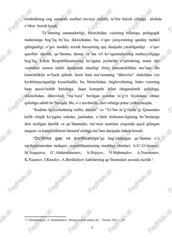 ap va punktuatsiya”ga bag’ishlangan qo’llanma o’z tajribalarimizdan tashqari, respublikamizning mashhur olimlari: a.g’.g’ulomov, m.asqarova, g’.abdurahmonov, a.hojiyev, n.mahmudov, a.nurmonov, k.nazarov, i.rasulov, a.berdialiyev kabilarning qo’llanmalari asosida tuzildi . 1. gap haqida umumiy ma’lumot insoniyat paydo bo’lgandan beri rivojlanish davom etmoqda. bu rivojlanishi fanlar kesimida ham ko’rish mumkin. xususan, tilshunoslik va uning fan sifatida shakllanishi juda katta ahamiyatga ega. tilshunoslik bo’limlaridan biri sintaksis esa til qurilishida juda katta jonbozlik ko’rsatib kelmoqda. albatta, bu gap tashkil qiluvchi omillardan asosiysi. “tildan foydalanish fikrni shakllantirish va bayon qilishdan iborat. bu esa gap orqali amalga oshar ekan, demak til yaxlit vujud sifatida sintaksisda namoyon bo’ladi. gap- kishilarning bir-biriga fikr axborot uzatish uchun ishlatadigan asosiy birlik, fikr ifodalashning eng oddiy va usullik ko’rinishi. kishi ongidagi fikr tushunchalar asosida tiklanadi. fikr nuqda gap sifatida yuzaga chiqadi. fikr tushunchadan tashkil topganligi kabi gap ham tushunchaning shakli sanalgan so‘z va so‘z birikmalaridan tuziladi. gapning tashkil etuvchilari – so‘z ( ibora ham), grammatik …