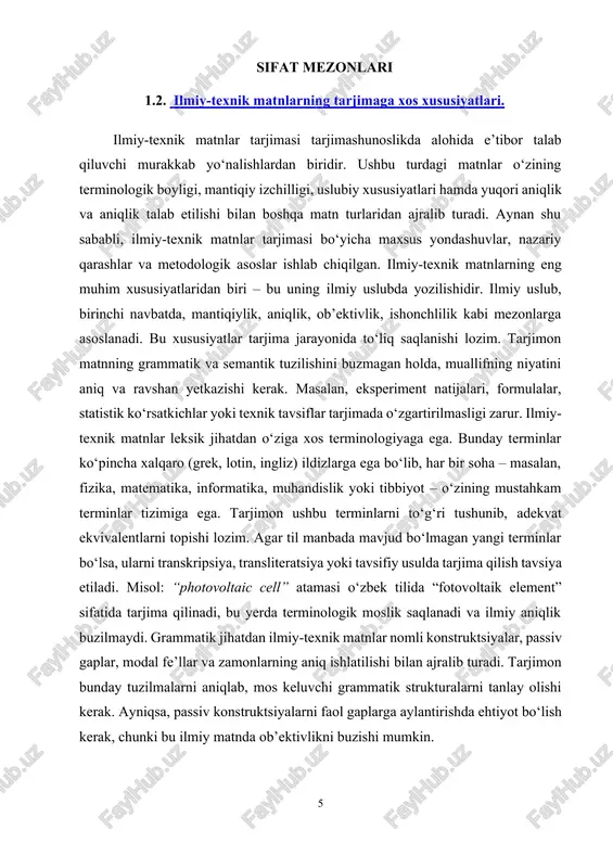 bilim talab etiladi. grafik elementlar ostidagi izohlar, shartli belgilar tarjimada aniq va qisqacha saqlanishi lozim. ilmiy-texnik matnlar ko‘pincha madaniy neytral bo‘ladi, ya’ni ular milliy o‘ziga xoslikdan xoli. shunga qaramay, ba’zida mualliflar taqqoslash yoki misollar keltirishda kontekstual yoki tarixiy ma’lumotlardan foydalanadilar. tarjimon bu holatda o‘quvchiga tushunarli bo‘ladigan mos alternativalarni topishi zarur. misol: “...as newton once said.” → “nyuton aytganidek...” bu yerda madaniy kontekst saqlanadi, ammo izoh kerak bo‘lishi mumkin. ilmiy matnlar adabiy til me’yorlariga rioya etgan holda yoziladi, lekin badiiy tasvirlardan holi bo‘ladi. tarjimon noto‘g‘ri uslubiy o‘zgarishlar yoki shaxsiy ifodalardan saqlanishi kerak. yozma matn soddaligi, lo‘ndaligi, mazmunning to‘g‘riligi tarjima sifatini belgilovchi asosiy omillardandir. ilmiy-texnik matnlarni tarjima qilishda tarjimonlar quyidagi qiyinchiliklarga duch kelishadi: · soha terminologiyasining yetarlicha rivojlanmaganligi; · manba tilidagi leksik birliklarga o‘zbek tilida aniq ekvivalent topilmasligi; · sintaktik tuzilmalarning mos kelmasligi; · ma’lumotlarning haddan tashqari zich bo‘lishi. shu bois, tarjimon nafaqat lingvist, balki sohaga oid bilimga ega mutaxassis bo‘lishi lozim. …