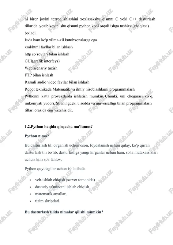 pyuter operatsion tizimlarini yozish uchun móljallangan til. javascript- interfaol web- saytlarni yozish uchun móljallangan til. scratch - dasturlarni órganish uchun eng mo's vizuallashgan dasturlash tili. java - kompyuter, mobil telefon va planshetlar uchun móljallangan dastur yozuvchi til. php - dinamik web-saytlar yaratish uchun móljallangan til. python - turli masalalarni yechish , sun'iy intellekt tizimlari uchun móljallangan dasturlash tili. ilova: mevalar={ "banana" : "banan", "apple" : "olma", "orange" : "apelsin", "cherry" : "olcha", "grape" : "uzum", "pear" : "nok", "strawbery":"qulupnoy", "kiwi" : "kivi", "pineapple":"ananas", "abricot" :"orik", "fig" :"anjir" } tarjimasi =input("qaysi mevaning tarjimasini bilishni hoxlaysiz?=")#.capitalize() uzbek=mevalar.get(tarjimasi) if uzbek==none: print("kechirasiz , bizda bunday meva yoq") else: print(f"{tarjimasi}:{uzbek}") foydalanilgan adabiyotlar. 1.a.nazrullayev “pythonda dasturlash asoslari” 9-107 betlar 2. https://community.uzbekcoders.uz/post/python-haqida-umumiy-ma-lumot-622393b85446a90bc4efa015 3.https://python.sariq.dev/ozgaruvchilar-va-malumot-turlari/09-for-loop 4.https://python.sariq.dev/function/19-function 5. https://www.w3schools.com/python/python_operators.asp 6. https://www.programiz.com/python-programming/if-elif-else 7.https://www.w3schools.com/python/python_dictionaries.asp ilova image2.png image3.png image4.png image5.png image6.png image7.png image1.png