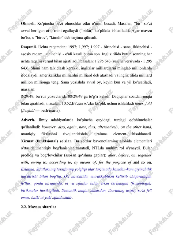 oki lug‘atlarda o‘z aksini topmagan bo‘lsa, so‘zning ildiz bog‘lanishlarini bilish va kontekstda atamaning mumkin bo‘lgan ma’nolarini tahlil qilish zarur. odatda atama so'zining ildizi hech qanday rol o'ynamaydi, lekin ba'zida siz undan voz kechishingiz mumkin. ekvivalentning yakuniy tanlovi ma'no talablari bilan emas, balki maqsadli tilda o'rnatilgan terminologiya bilan belgilanadi. bunday atamalar aslida kontseptsiyani umumiyroq tushunchaga olib keladigan va shu bilan birga uning o'ziga xos xususiyatini ko'rsatadigan qatlamli ta'riflardir. atamasi impendance, "o'zgaruvchan tok zanjiridagi impedans" deb ta'riflangan qarshilikning tabiatini yoki u ishtirok etadigan kontaktlarning zanglashiga olib keladigan qismini ko'rsatadigan bir qator atamalar uchun asos sifatida ishlatiladi, masalan: blocked impendance, vector impendance, surface impendance, etc. "kuchlanish, oqim kuchi" kabi fundamental tushunchalar asosida o'nlab, ba'zan esa yuzlab iboralar yaratiladi. ikki atama o'rtasida to'g'ri tanlov qilish muhim, ya'ni. mahalliy va xorijiy so'zlar o'rtasida. shu munosabat bilan qarz olishning quyidagi turlarini ajratib ko'rsatish kerak: 1. asoslangan va foydali. ularni ona tilining lug'at tarkibiga kiritilgan so'zlari (internatsionalizmlar) …