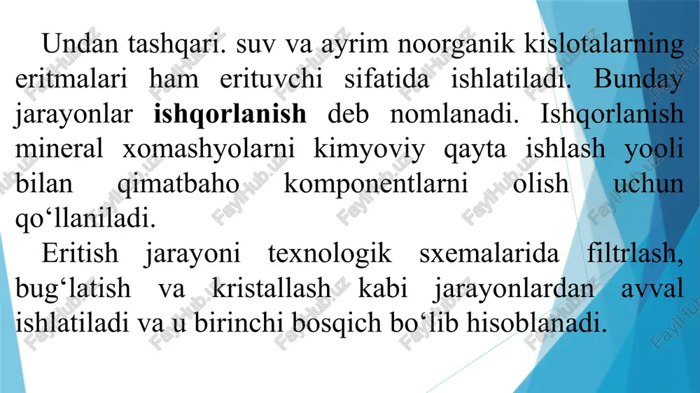 a aylanishiga to‘sqinlik qiladi. buning uchun qurilmada kontrparraklar va qopqoqning pastki qismida to‘siqlar o‘matilgan. lavlagi turpi qurilmaning tepa qismidagi shneklar yordamida chiqariladi. turpni samarali to‘kish uchun parraklar ham yordam beradi. to‘kish shneklari uzatish shneklariga nisbatan to‘g’ri burchak ostida o‘rnatilgan va ularga qarama - qarshi yo'nalishda aylanadi. ekstraksiyalanayotgan materialni isitish uchun qurilmaning ostki qismida isituvchi kamera o‘rnatilgan. ikki pog‘onali diffuzion qurilma u - simon, to‘g‘ri to‘rtburchak ko‘ndalang kesimli qobiqdan iborat bo‘ladi. ushbu qobiq maxsus tayanchlari bilan og‘ir poydevorga o‘rnatiladi qurilma qobig‘ ayrim sargalardan tarkib topgan bo‘lib, qattiqlik qoburg'alari bilan mustahkamlanadi. ekstraktorda material uzatuvchi romchalar o ‘rnatilgan plastmassa zanjirlar yordamida uzatiladi. ushbu zanjir elektr yuritkichga ulangan uzatma yordamida harakatga keltiriladi. romchalarni vertikal holatda materialdan to‘liq tozalash uchun zarba tipidagi tozalagich o‘rnatilgan. xomashyo qurilmaga panjarasimon konveyer va rotatsion uloqtirgich yordamida yuklanadi. isitilgan sharbat qurilmaga soplolar yordamida purkaladi. qurilmadan diffuzion sharbat kamerada o‘rnatilgan konussimon teshikli elak va patrubkalar orqali chiqariladi. barometrik suv qurilmaning tepa …