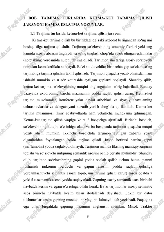 sh chog‘ida qo‘llaniladi. ketma-ket tarjima muammosi ilmiy adabiyotlarda ham yetarlicha muhokama qilinmagan. ketma-ket tarjima qilish vaqtiga ko‘ra 2 bosqichga ajratiladi. birinchi bosqich, so‘zlovchining nutqini o‘z ichiga oladi va bu bosqicnda tarjimon qisqacha nutqni yozib olishi mumkin. ikkinchi bosqichda tarjimon aytilgan xabarni yozib olganlaridan foydalangan holda tarjima qiladi. inson hotirasi barcha gapni (ma’lumotni) yodda saqlab qololmaydi. tarjimon matnda fikrning mantiqiy zanjirini topishi va so‘zlovchi nutqining semantik asosini ochib berishi muhimdir. shunday qilib, tarjimon so‘zlovchming gapini yodda saqlab qolish uchun butun matnni tushunish iinkonini beruvchi va gapini asosini yodda saqlab qolishga yordamlashuvchi semantik asosni topib, uni tarjima qilishi zarur) inson odatda 7 yoki 5 ta semantik asosni yodda saqlay oladi. gapning asosiy semantik asosi birinchi navbatda kesim va egani o‘z ichiga olishi kerak. ba’zi tarjimonlar asosiy semantic asos birinchi navbatda kesim bilan ifodalanadi deyishadi. lekin bir qator tilshunoslar kesim gapning mustaqil bomagi bo‘lolmaydi deb yozishadi. faqatgina ega bilan birgalikda gapning mazmuni anglanishi …