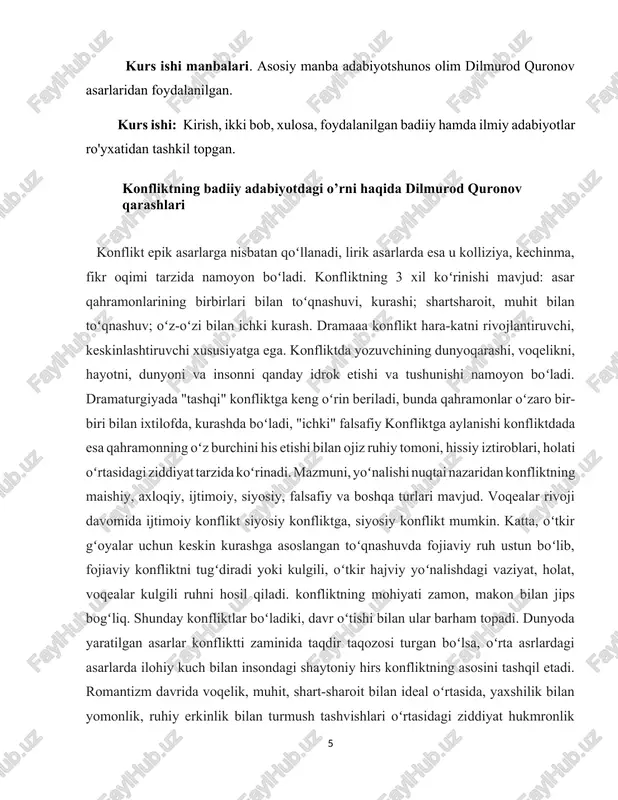 mkin. katta, oʻtkir gʻoyalar uchun keskin kurashga asoslangan toʻqnashuvda fojiaviy ruh ustun boʻlib, fojiaviy konfliktni tugʻdiradi yoki kulgili, oʻtkir hajviy yoʻnalishdagi vaziyat, holat, voqealar kulgili ruhni hosil qiladi. konfliktning mohiyati zamon, makon bilan jips bogʻliq. shunday konfliktlar boʻladiki, davr oʻtishi bilan ular barham topadi. dunyoda yaratilgan asarlar konfliktti zaminida taqdir taqozosi turgan boʻlsa, oʻrta asrlardagi asarlarda ilohiy kuch bilan insondagi shaytoniy hirs konfliktning asosini tashqil etadi. romantizm davrida voqelik, muhit, shart-sharoit bilan ideal oʻrtasida, yaxshilik bilan yomonlik, ruhiy erkinlik bilan turmush tashvishlari oʻrtasidagi ziddiyat hukmronlik qilgan, realizm tantana qilgan davrda inson mohiyati, uning istagi, imkoniyati bilan ijtimoiy-tarixiy shart-sharoit zaminida konflikt yuzaga kelgan. shunday boqiy mavzular borki (mas, saxiylik va xasislik, vafodorlik va bevafolik, tiriklik va oʻlim), boʻlarda konflikt har bir davrning maʼnaviy, ruhiy talab va ehtiyojlaridan kelib chiqib talqin qilinadi. shoʻrolar davrida — sotsialistik realizm metodi hukmronlik qilgan davrda konflikt zaminiga ijtimoiy-sinfiy antagonizm qoʻyilgan va bu ziddiyatning inqilobiy yoʻl bilan …