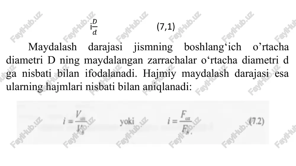 qori; ishonchligi katta. kamchiliklari: qurilma detallarining yedirilishi yuqori; ko‘p chang hosil bo‘ladi; energiya sarfi katta. qattiq materiallami maydalashning maxsus usullari oxirgi vaqtda qattiq materiallami portlatish, termik va elektrotermik hamda termomexanik maydalash va yanchish usullari ustida keng miqyosda tadqiqot ishlari olib borilmoqda va sanoat texnologiyalariga tatbiq etilmoqda. gidravlik portlatish usulida qattiq jismlarni maydalashning mohiyati shundaki, parchalash jarayonida material va portlovchi moddalami suv ichida portlatish yo‘li bilan amalga oshiriladi. bunda, port lash moddalarini kengayish paytida hosil bo‘ladigan juda yuqori bosim materialga ta’sir etadi. undan tashqari, suyuqlik ichida portlash natijasida tarqaladigan zarba to‘lqini ham material parchalanishiga qo‘shimcha hissa qo‘shadi. elektrogidravlik maydalash usulida materialni parchalovchi zarba to‘lqini elektr raziyadi yordamida hosil qilinadi. termik usullarda tozalash, qattiq material bo‘laklarini mahalliy qizdirish hisobiga amalga oshiriladi. bunda, qizdirish joyi issiqlik «ponasi» vazifasini bajaradi. issiqlik manbalari sifatida elektr razryadi, ekzotermik yonish reaksiyasi issiqliklari, yuqori temperaturali gaz, yuqori temperaturali plazma oqimchalari, lazer nuri va hokazo. elektrotermik usulda parchalashning mohiyati …