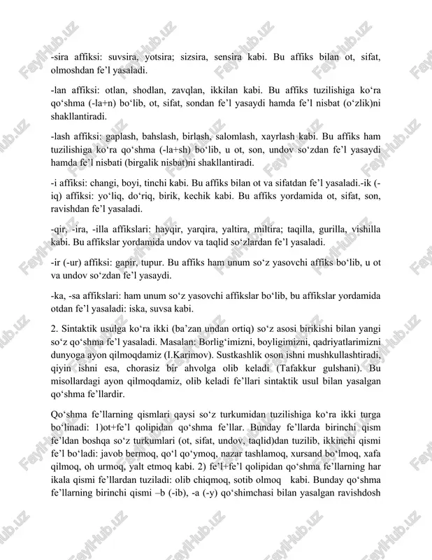2: rasulov r o’zbek tili fe’llarining ma’noviy tuzilishi .t:.-2007] 1) –la affiksi fe’l negiziga qo‘shilib, takror, davomiylik ma’nosini bildiradi: savala, ishqala, tirnala, cho‘qila kabi; 2) –gila (-kila, -qila, -g‘ila): yugurgila, turtkila, tortqila, ezg‘ila kabi. bu affikslar ham fe’l negiziga qo‘shilib, harakatning davomiyligi, takror ma’nosini bildiradi; 3) –(i)msira, -(i)nqira: yig‘lamsira, kulimsira, oqarinqira kabi. bu affikslar fe’l negiziga qo‘shilib, harakatning kuchsizlanishini bildiradi; 4) –(i)sh affiksi ham harakatning kuchisizligini bildiradi: oqarishdi, to‘lishdi kabi; 5) -qilla: chopqilla. bu affiks fe’l negiziga qo‘shilib, harakatning zudlik bilan bajarilish ma’nosini bildiradi. fe’ldagi modal ma’no analitik shakl vositasi bilan ham ifodalanadi. bunday shakl ko‘makchi fe’llar va to‘liqsiz fe’llar yordamida hosil qilinadi: yozib ko‘r, aytib chiq, ko‘ra qol, so‘zlay boshla, borar edi, kelgan emish, olgan ekan kabi. ko‘makchi fe’llar bilan shakllangan qo‘shilmalar ikki so‘z shaklidan tashkil topib, birinchi qism leksik ma’no ifodalaydi. shu tufayli yetakchi fe’l deb yuritiladi; ikkinchi qism esa unga birikib grammatik ma’no ifodalaydi va ko‘makchi fe’l …