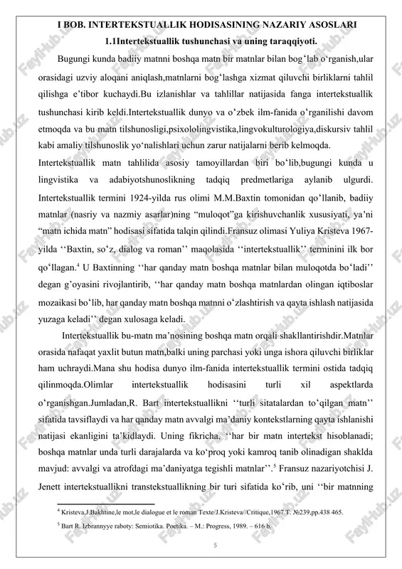 ni ‘‘turli sitatalardan to‘qilgan matn’’ sifatida tavsiflaydi va har qanday matn avvalgi ma’daniy kontekstlarning qayta ishlanishi natijasi ekanligini ta’kidlaydi. uning fikricha, ‘‘har bir matn intertekst hisoblanadi; boshqa matnlar unda turli darajalarda va ko‘proq yoki kamroq tanib olinadigan shaklda mavjud: avvalgi va atrofdagi ma’daniyatga tegishli matnlar’’.[footnoteref:5] fransuz nazariyotchisi j. jenett intertekstuallikni transtekstuallikning bir turi sifatida ko‘rib, uni ‘‘bir matnning boshqa matndagi bevosita ishtiroki’’ deb ta’riflaydi va bunga sitata, allyuziya, plagiat kabi hodisalarni kiritadi.[footnoteref:6] [5: bart r. izbrannyye raboty: semiotika. poetika. – m.: progress, 1989. – 616 b.] [6: fateeva, n.a. tipologiya intertekstualnix elemetov i sayazey v xudojestvennoy rechi tekst./n. a. fateeva //izvestiya an. seriya literaturi i yazika. 1998.t. 57.-s. 25-38] o‘zbek tilshunosligida intertekstuallik tushunchasi nisbatan yangi bo‘lib, bu yo‘nalishda tadqiqotlar xx asrning oxiri xxi asr boshlarida paydo bo‘la boshladi. o‘zbek tilshunosligida intertekstuallik muammosi dastlab m.yo‘ldoshevning tadqiqodlarida uchraydi.[footnoteref:7]olimning doktorlik dissertatsiyasida bevosita intertekstuallik hodisasi,uning matn tarkiblanishdagi o‘rni va o‘zbek badiiy matnlarida uchraydigan turlari …
