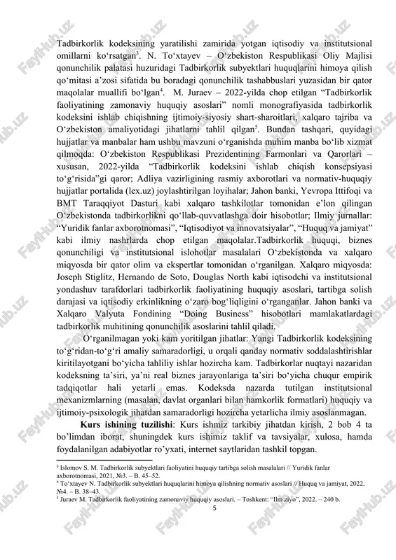 rtibga solish, uni yuridik asosda mustahkamlash, xususan, tadbirkorlik kodeksini ishlab chiqish zarurati bilan bog‘liq masalalar bo‘yicha bir qator olimlar va mutaxassislar ilmiy izlanishlar olib borgan. ushbu masala yuzasidan quyidagi olimlarning asarlari va ilmiy maqolalari alohida e’tiborga loyiq: z. x. xudoyberdiyev – o‘zbekiston respublikasining tadbirkorlik huquqi sohasida yetuk mutaxassis bo‘lib, uning “tadbirkorlik huquqi” nomli o‘quv qo‘llanmasi (2021)da tadbirkorlik faoliyatining huquqiy asoslari va normativ-huquqiy bazasi atroflicha yoritilgan[footnoteref:1]. q. yo. yo‘ldoshev va x. t. xudayberganov – “o‘zbekiston respublikasida tadbirkorlik huquqi asoslari” nomli darsligida (2020) tadbirkorlik kodeksini ishlab chiqish zaruriyati, uning funksiyalari va kelgusidagi huquqiy asoslari haqida tahlillar mavjud[footnoteref:2]. s. m. islomov – tadbirkorlik subyektlari faoliyatini huquqiy tartibga solish masalalarini chuqur o‘rgangan va o‘z maqolalarida tadbirkorlik kodeksining yaratilishi zamirida yotgan iqtisodiy va institutsional omillarni ko‘rsatgan[footnoteref:3]. n. to‘xtayev – o‘zbekiston respublikasi oliy majlisi qonunchilik palatasi huzuridagi tadbirkorlik subyektlari huquqlarini himoya qilish qo‘mitasi a’zosi sifatida bu boradagi qonunchilik tashabbuslari yuzasidan bir qator maqolalar muallifi bo‘lgan[footnoteref:4]. m. …