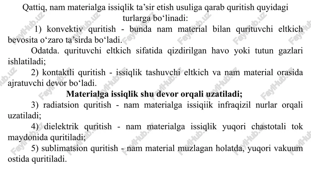 rda quritish tezligining ortishiga olib keladi. yuqorida qayd etilgan quritish usullari kcrakli miqdordagi issiqlikni uzatish va mayin quritish rejimlarini ta’minlaydi. shuni alohida ta’kidlash kerakki, u yoki bu quritish usuli jarayonni tezlashtirishi yoki sekinlashtirishi. uni o‘tkazish sharoitiga ta’sir etishi mumkin. lekin issiqlik sarfiga salmoqli ta’sir etmaydi, chunki u qurituvchi gazning boshlang‘ich va oxirgi parametrlari bilan aniqlanadi. quritkichlar konstruksiyalari kimyo, oziq - ovqat va boshqa sanoatlarda qo‘llaniladigan quritkichlar konstruksiyalari turli - tumandir. ular bir - biridan har xil belgilariga qarab farqlanadi. qattiq. nam materialga issiqlik uzatish turiga qarab konvektiv, kontaktli va maxsus quritkichlarga bo‘linadi. issiqlik eltkich sifatida havo, gaz va bug‘ qo‘llanilishi mumkin. quritish kamerasidagi bosim kattaligiga qarab, vakuum va atmosfera bosimida ishlaydigan quritkichlarga bo‘linadi. jarayonni tashkil etish usuliga qarab, davriy va uzluksiz ishlaydigan quritkichlar bo‘lishi mumkin. undan tashqari, material va issiqiik eltkich harakatiga qarab parallel, qarama-qarshi va o‘zaro kesishgan yo‘nalishli quritkichlar tayyorlanadi. yuqorida qayd ctilganlardan ko‘rinib turibdiki, quritkichlami umumlashtiruvchi klassifikatsiya qilish …