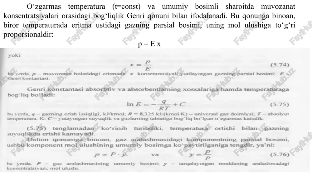 r guruhiga turbali, list-nasadkali, ko‘tariladigan qatlamli absorberlar kiradi. turbali absorberlarda suyuqlik vertikal trubalarning tashqi yuzasidan pastga qarab oqib tushsa, gaz faza esa qarama - qarshi yo‘nalishda yuqoriga qarab harakatlanadi. qolgan turdagi absorberlarda ham fazalarning harakat yo‘nalishi turbali absorberlarnikiga o‘xshashdir. turbali absorberlar tuzilishiga qarab qobiq - tmbali issiqlik almashinish qurilmasiga o‘xshaydi. qurilmada hosil bo‘lgan issiqlikni ajratib olish uchun trubalar ichiga suv yoki boshqa sovuqlik eltkich yuboriladi. gazning sarfi yuqori, ya’ni trubadagi tezliklar 10-15 m/s bo‘lganda, qarama-qarshi yo‘nalishda jarayonni davom ettirish qiyinlashadi. bunday hollarda absorbent va gaz aralashmasining tepaga yo‘nalgan harakati tashkil etiladi. yuqori tezlikda harakatlanayotganda o‘zi bilan suyuqlik yupqa qatlamini torta boshlaydi. a-bir bosqichli, qarama-qarshi yo‘nalishli: b-ikki bosqichli. qarama-qarshi yo‘nalishli. 1-qobiq; 2-trubalar: 3-truba teshikli panjarasi; 4-tomchi qaytargich; 5-absorbentni truba yo naltirish tirqishiari. i-ifloslangan gaz; p-tozalangan gaz; ih-yangi absorbent; iv-ishlatib bo‘lingan absorbent; v-sovutuvchi eltkich. a -pastga qarab harakatlanganda suyuqlikni kiritish; v - yupqa qatlam yuqoriga qarab oqqanda fazalaming trubaga kirishdagi harakati; v …