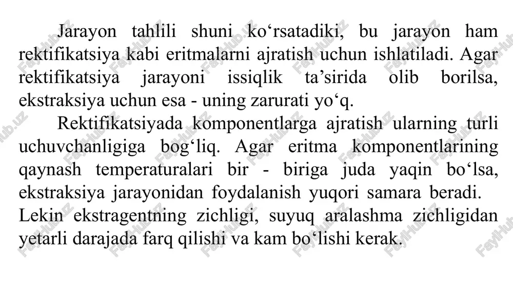 n ushbu sxemaning bir qator kamchiliklari bor: qo‘pol, ko'p joy egallaydi, metall va energiya sarfi ko‘p. differensial - kontaktli ekstraktorlar fazalar o‘rtasidagi to‘qnashishni uzluksiz va ulardagi konsentratsiyalaming asta - sekin, uzluksiz o‘zgarishini ta’minlaydi. bu turdagi qurilmalarda fazalaming bo‘ylama siljishi hisobiga ideal siqib chiqarish qurilmasiga qaraganda o‘rtacha harakatga keltiruvchi kuch birmuncha past bo‘ladi. undan tashqari. suyuq fazani purkash uchun ham energiya sarflanishi zarur. ekstraktorda energiya sarflanish turiga qarab, tashqi energiya hisobiga va bunday energiyasiz qurilmalarga bo‘linadi. 0‘zaro ta’sirda bo‘lgan fazalarga tashqi energiya aralashtirgich, tebratgich va pulsatorlar yordamida uzatiladi. pog‘onali (seksiyali) ekstraktorlar alohida seksiyalardan tarkib topgan bo‘lib, ularda fazalar konsentratsiyalari notekis, sakrab-sakrab o‘zgaradi. ayrim hollarda har bir seksiyada konsentratsiyalar maydoni ideal siqib chiqarish qurilmasiga yaqinlashib qoladi. shunday bir necha seksiyadan tashkil bo‘lgan ekstraktor ideal siqib chiqarish qurilmasi deb hisoblanishi mumkin. kolonnali ekstraktorlar tarelkali. ichi bo‘sh kolonna, nasadkali, pulsatsiyali va rotor-diskli bulishi mumkin. pog‘onali (seksiyali) ekstraktorlar alohida seksiyalardan tarkib topgan bo‘lib, ularda fazalar …