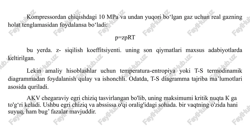a maxsus taqsimlash mexanizmi bo‘lmaydi. ortiqcha miqdordagi suyuqlikni chiqarib tashlash maqsadida uzatish va so'rish klapanlari biroz kattalashtirilgan bo'ladi (klapandan chiqayotgan suyuqlik tezligi, gazning harakat tezligidan kichik bo‘lishi uchun). shuning uchun suyuqlik vakuum-nasoslarda «zararli bo'shlig'i» ko'proq bo'lib, quruq vakuum-nasoslarga nisbatan siyraklanish qiymati ancha kichik bo'ladi. quruq porshenli vakuum-nasoslar uchun elektr yuritkichlar siqish darajasining maksimal qiymatiga qarab tanlanadi, ya’ni qoldiq bosim qiymati p1=0,33 atm. (uzatish bosimi p2=1 atm bo'lish sharti bajarilsa). suyuqlik vakuum-nasoslarda gaz holatining o'zgarish jarayoni izotermik bo'ladi, chunki so'rish suyuqligi bilan gaz orasida intensiv issiqiik almashinadi. bunga sabab, suyuqlik issiqiik sig'imi gaznikiga nisbatan juda kattaligidir. rotorli plastinali va suv halqali vakuum -nasoslar. bu turdagi nasoslar mos ravishda kompressorlarning ayni o‘zi. rotorli va suv halqali nasoslarda bosimni rostlash uchun «zararli bo'shliq» bilan eng kichik bosimli kamerani bog‘lab turuvchi maxsus kanal orqali gaz o‘tkaziladi. shu yo‘l bilan vakuum-nasosning hajmiy koeffitsiyentini oshirishga erishiladi. ishchi suyuqlik parsial bosimi va temperaturasi qancha katta bo‘lsa. suv …