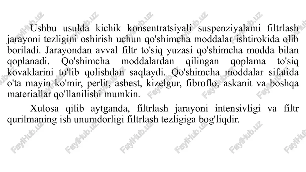 va teskari yo'nalishda yuqori bosimli suyuqlik yuborilib, cho‘kma yuviladi va aylanma kanallar orqali chiqariladi. shundan keyin yuvish uchun suv yuboriladi va jarayon tugagach plita chapga surilib, cho‘kma to'kiladi. filtr - pressning ish sikli ushbu jarayonlardan iborat: ishga tayyorlash; filtrlash; yuvish; cho'kmani to‘kish. davriy ishlaydigan filtr qurilmalarda yordamchi jarayonlarni bajarish uchun ish siklining 30% ga yaqin vaqti sarflanadi va cho‘kmani to‘kish ko‘p mehnat talab qiladi. bu turdagi filtrlarda filtr to‘qimalar sarfi katta va ularni almashtirish qiyin. uzluksiz ishlaydigan qurilmalarda ushbu kamchiliklar bartaraf etilgan, chunki bu filtrlarda filtrlash, cho'kmani quritish, yuvish, ajratish jarayonlari bir vaqtda sodir bo‘ladi. filtrlash jarayonini intensivlash xalq xo'jaligida turli sanoatlar tayyor mahsulotining salmog‘ ortib borishi va yuqori gidravlik qarshilikka ega cho‘kmalarning turi, miqdorining ko‘payishi, filtrlar ish unumdorligini oshirishni taqozo etadi. bu muammoni hal etish uchun filtrlarning filtrlash yuzasi va jarayon tezligini oshirish yo‘llari bilan erishish maqsadga muvofiqdir. hozirgi kunda barabanli vakuum - filtrlarning yuzasi 140 m2, disklilamiki 300 …