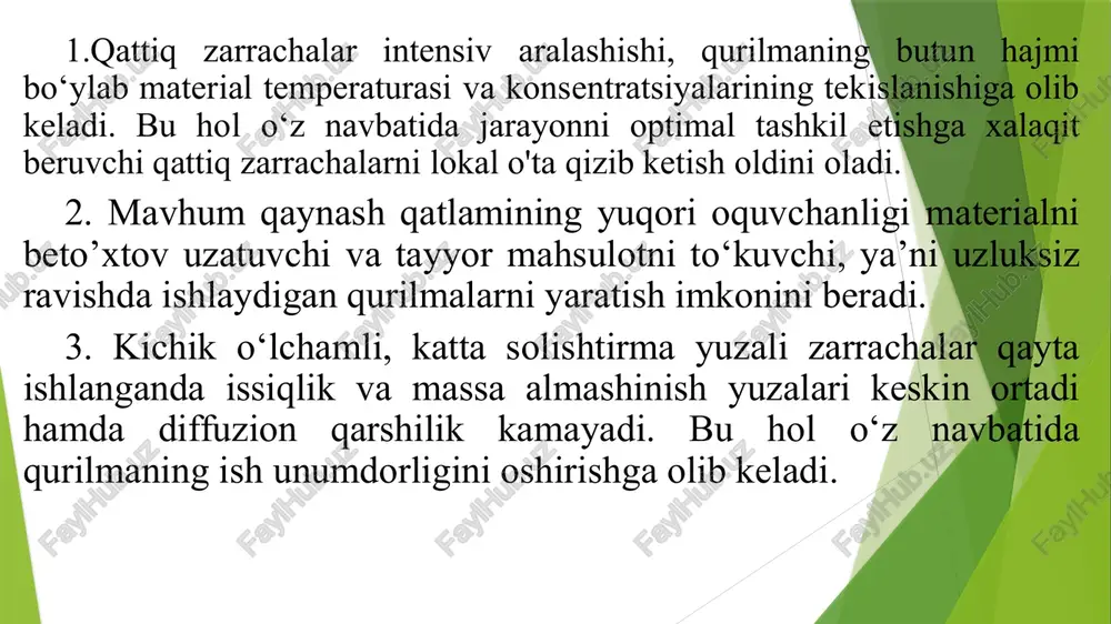 hadi. agar nam yoki juda mayda hamda yopishqoq zarrachalar mavhum qaynash holatiga keltirilganda kanalli mavhum qaynash jarayoni paydo bo‘ladi. kanal hosil qiluvchi qatlamning eng so’nggi holati bo‘lib favvora qatlam hisoblanadi. bunda, qurilma o‘qi atrofidagi kanal orqali gaz oqimi qatlamdan otilib chiqadi. yuqorida ko‘rib chiqilgan qattiq fazali dispers sistemalar mavjud bo‘lgan ular modiflkatsiyalarining xilma-xilligining hammasi emas. shu kungacha ma’lum bo‘lgan sistemalarning bir nechtasini o‘z ichiga qamrab olgan sochiluvchan material qatlamlarining holatlari ham bor. favvorasimon qatlam. 1-pnevmostransport sohasi; 2-mavhum qaynash qatlamli soha; 3-harakatchan qatlam sohasi. misol tariqasida favvorasimon qatlamni keltirish mumkin. bunday qatlamlarda dispers sistema, mavhum qaynash qatlam (jarayon yaxshi tashkil etilmagan - konussimon qurilma qiyalik burchagi katta - qo‘zg'almas qatlam) hamda pnevmotransport sistema bir vaqtning o‘zida mavjud bo‘lishi mumkin. donador-tolali materiallarning mavhum qaynashi. ma’lumki, vatanimizning eng asosiy texnik xomashyosi - paxta chigitidir. paxta chigiti ko‘p qatlamli, noto‘g‘ri shaklli, geterogen sistema bo‘lib, uning yadrosi - kolloid - kapillar g‘ovakli gel, qobig‘i- yog'ochsimon …