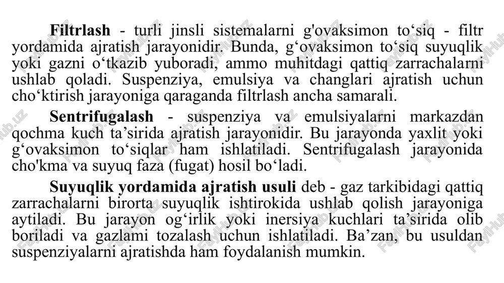 adi. shuning uchun, cho'ktirish jarayonini intensivlash maqsadida suspenziyalar qizdiriladi (agar texnologiyaga zid bo'lmasa). qiya to'siqli yarim uzluksiz tindirgich. 1 - qobiq; 2 - qiya to'siqlar; 3 - bunkerlar. qiya to'siqli, yarim uzluksiz tindirgich. suspenziya shtuser orqali qurilmaga kiritiladi va qiya o’rnatilgan to'siq 2 lar yordamida galma-gal yuqoridan pastga va pastdan yuqoriga qarab yo'naltiriladi qiya to'siqlar qurilmada suspenziyaning harakat davomiyligi va tindirish yuzasini oshiradi. hosil bo'ladigan shlam esa, bunker 3 larda yig'iladi va to'lib chiqqandan so'ng jo'mraklar yordamida chiqazib yuboriladi. eshkak aralashtirgichli, uzluksiz ishlaydigan tindirgich. bunday turdagi tindirgich konussimon tub 5 va silindrik qobiq 6 dan hamda qurilmaning tepa qismidagi halqasimon tamov 1 dan tarkib topgan bo‘ladi. chiqarish lyuki 4 ga cho'kmani uzatish uchun qiya parrakli aralashtirgich 2 da bir necha eshkak o‘rnatilgan bo‘ladi. aralashtirgich 0,02...0,5 min1 chastota bilan aylanadi. truba yordamida suspenziva silindrik qobiq o'rtasiga uzluksiz ravishda uzatiladi. eshkak aralashtirgichli uzluksiz ishlaydigan tindirgich. 1-halqasimon tarnov; 2-aralashtirgich; 3-eshkak; 4-lyuk; 5-konussimon tub; …