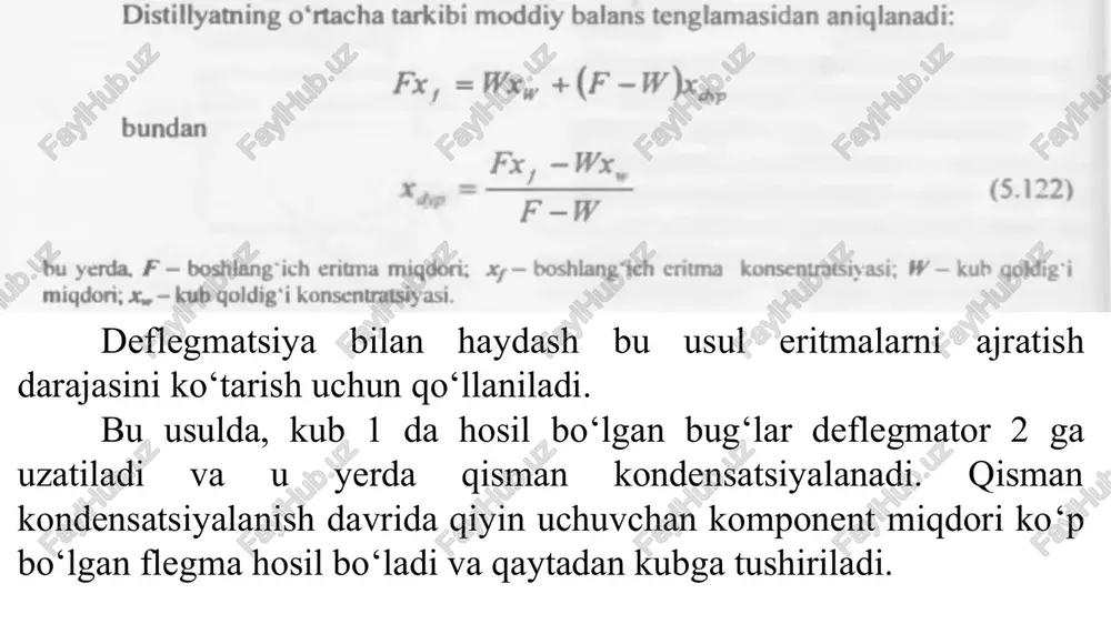 uchuvchan komponentlarga ajratish mumkin. rektifikatsiya jarayonining moddiy va issiqiik balanslari jarayonning prinsipial sxemasi asosida rektifikatsiyaning moddiy va issiqlik balanslari tuziladi. rektifikatsion kolonnaga uzatilgan boshlang‘ich eritma distillyat va kub qoldig‘iga ajratiladi. kollonnadan chiqayotgan bug‘lar deflegmator 4 da kondensatsiyalanadi va ajratuvchi idish 3 ga tushadi. bu yerda suyuqlik ikki qismga, ya’ni flegma f va distillyatga ajratiladi. flegma kolonnada purkatilish uchun yo‘naltiriladi. rektifikatsion kolonna ishchi balandligi va tarelkalar sonini hisoblash odatda ushbu parametrlarni aniqlash konsentratsiyalar o‘zgarishining nazariy yoki haqiqiy pog‘onalari soniga qarab olib boriladi. bunda, nazariy pog‘onada bug‘ va oqib tushayotgan suyuqlik muvozanat holatida bo‘ladi. agar konsentratsiyasi xn+1 bo'lgan suyuqlik yuqoridan n - tarelkaga oqib tushsa, pastdagi tarelkadan konsentratsiyasi yn+1 – bo‘lgan bug‘ ko‘tariiadi. massa almashinish natijasida suyuqlikdagi yengil uchuvchan komponent bug‘ga o‘tsa, qiyin uchuvchan esa - bug‘dan suyuqlikka o‘tadi. bug’dagi yengil uchuvchan komponent konsentratsiyasi yn gacha ortsa, suyuqlikda esa xn+1 dan xn gacha kamayadi. rektifikatsiya jarayonini tashkil etish usullari istalgan rektifikatsion sxema …