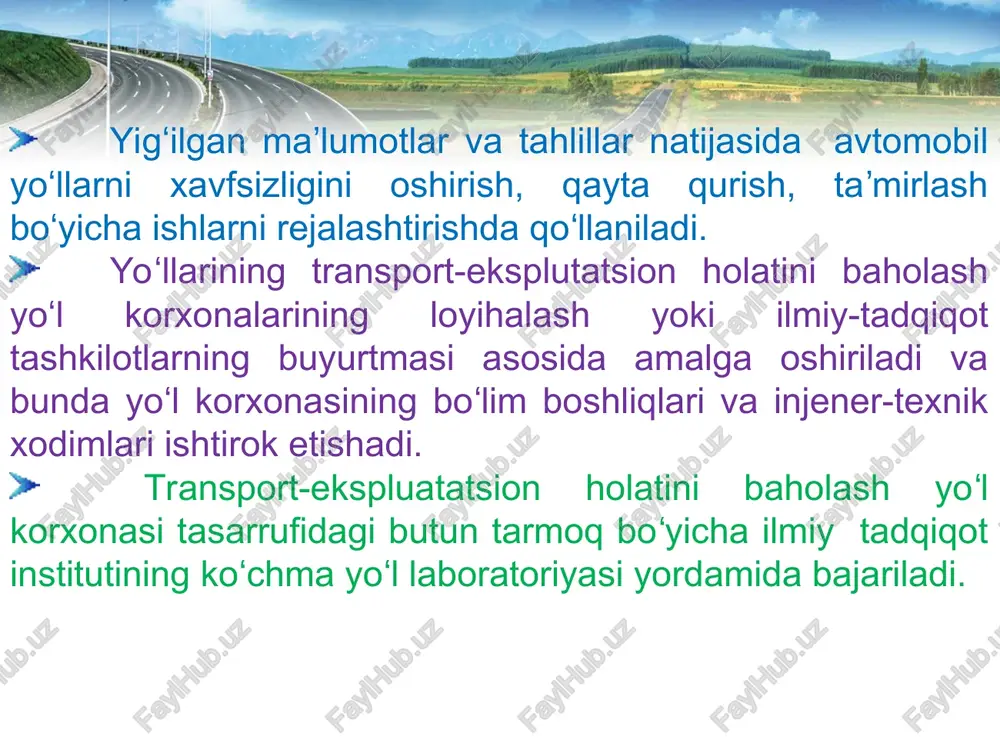 qilish vaqtida transport-ekspluatatsion holatini baholash natijalari asosida taʼmirlash turlari va bajarilish ishlarining ketma-ketligini belgilash boʻyicha koʻrsatmalar berilgan. avtomobil yoʻllarida transport vositalarining harakat tezligini sekundomer yoki tezlik oʻlchaydigan maxsus asboblar yordamida aniqlash yoki empirik formulalar yordamida hisoblab topish mumkin. transport vositalarining harakat tezligini sekundomer bilan oʻlchash texnologik jarayoni quyidagi bosqichlarga ajratish mumkin: transport vositalarining harakat tezligini sekundnomer yordamida oʻlchash uchun yoʻlning uchastkasini tanlash, koʻrikdan oʻtkazishdagi dala ishlarning tarkibi belgilab olish. transport vositalarining harakat tezligini sekundnomer bilan oʻlchash natijalari belgilangan shakldagi qaydnomaga yozib boriladi va statistik usul bilan ishlov beriladi . sekundomer yordamida avtomobillarning harakat tezligini oʻlchash maqsadida uchastka tanlab olinadi, uning uzunligi oʻlchashda xatolikni iloji boricha kamaytirishga qaratilgan boʻladi. tanlab olingan uchastkaning uzunligi 50 m (avtomobillarning tezligi kichik uchastkalarda) dan 100m (tezlik katta boʻlgan uchastkalarda) gacha boʻladi. transport vositalarining tanlab olingan uchastkaga kirishi va chiqishini qayd etishi uchun yoʻl chetiga yorqin rangli reykalar qoʻyiladi yoki yoʻl qatnov qismiga koʻndalang chiziqlar chiziladi. …