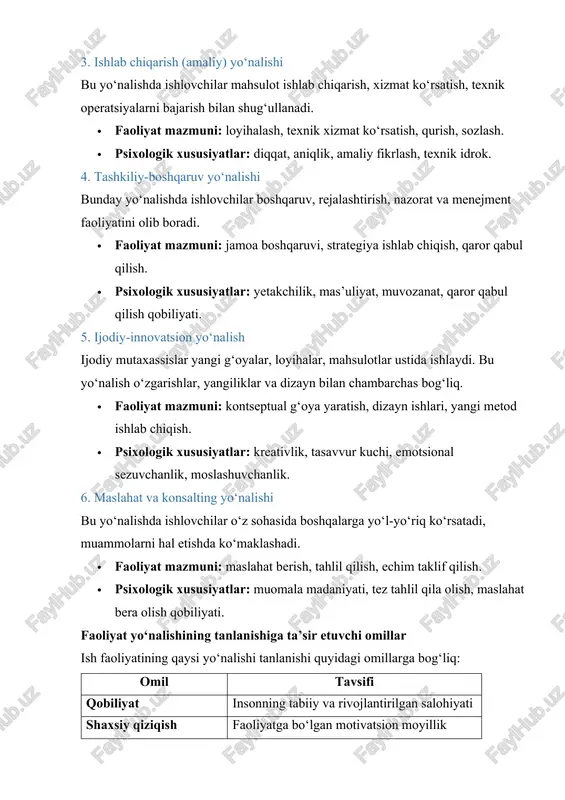 nsultatsiya berishi mumkin (maslahat yo‘nalishi), · universitetda dars berishi mumkin (pedagogik yo‘nalish), · loyihalarda ishlashi mumkin (innovatsion yo‘nalish). bunday ko‘pyo‘nalishlilik zamonaviy kasbiy moslashuvchanlikni ko‘rsatadi. har bir mutaxassislik turli yo‘nalishlarda ish yuritish imkoniyatini taqdim etadi. bu yo‘nalishlar o‘z ichida ma’lum psixologik talablar, ijtimoiy vazifalar va kasbiy kompetensiyalarni talab qiladi. shuning uchun har bir shaxs o‘z qiziqishlari, salohiyati va jamiyat ehtiyojlarini hisobga olgan holda o‘z yo‘nalishini ongli tanlashi lozim. bu esa professional muvaffaqiyat va shaxsiy qoniqishning muhim kafolatidir. zamonaviy kasbiy muhitda raqobatbardosh, moslashuvchan va malakali bo‘lish uchun nafaqat nazariy bilim, balki amaliy ko‘nikma va keng qamrovli kompetensiyalar talab etiladi. kasbiy ko‘nikma — bu ma’lum bir faoliyatni muvaffaqiyatli bajarish uchun zarur bo‘lgan amaliy malaka bo‘lsa, kompetensiya — bu ko‘nikma, bilim, qadriyat va shaxsiy fazilatlarning integratsiyalashgan tizimidir. shaxsning kasbiy yuksalishi aynan shu ikkala omilga bog‘liq. 1. kasbiy ko‘nikma tushunchasi ✅ kasbiy ko‘nikma — bu insonning o‘z kasbiga oid vazifalarni samarali, tezkor va sifatli bajara …