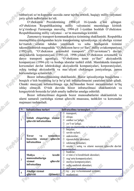 da imtiyozlar tizimi yaratildi. xususiylashtirilayotgan korxona mehnat jamoasining xodimlariga aksiyalarni imtiyozli shartlar bilan sotib olish imkoniyati berildi. eskirgan asosiy fondlar, ijtimoiy infratuzilma obektlari yangi mulkdorlarga tekinga topshirildi. qishloq xo‘jaligi davlat xo‘jaliklarining mol- mulki, fermalar, bog‘lar va uzumzorlar imtiyozli shartlar asosida xususiylashtirildi. davlat mulkini xususiylashtirish zaruriyati bozor iqtisodiyoti munosabatlariga asoslangan jamiyatni barpo etishning asosiy shartidir. o‘zbekistonda chek vositasi bilan xususiylashtirish g‘oyasidan voz kechildi, davlat mol-mulki yangi mulkdorga faqat sotish yo‘li bilangina mulkchilikning boshqa shakliga aylantirila boshlandi. o‘zbekiston oliy kengashi 1991-yil 18-noyabrda “mulkni davlat tasarrufidan chiqarish va xususiylashtirish to‘g‘risida”gi qonun qabul qildi. dastlabki bosqich xususiylashtirish jarayoni umumiy uy-joy fondini, savdo, mahalliy sanoat, xizmat ko‘rsatish korxonalarini hamda qishloq xo‘jalik mahsulotlarini tayyorlash tizimini qamrab oldi. o‘zbekiston respublikasida xususiylashtirish jarayonini tashkil qilish va unga rahbarlik qilish maqsadida 1992-yil fevralda davlat mulkini boshqarish va xususiylashtirish davlat qo‘mitasi ta’sis qilindi. 1994-yilda u davlat mulkini boshqarish va tadbirkorlikni qo‘llab-quvvatlash davlat qo‘mitasiga aylantirildi. kichik xususiylashtirish 1994-yildayoq tugallandi. mulkni davlat …
