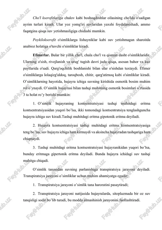 v bug'latuvchi sirtining kamligi tufayli bunday o'simliklar quruq, qumloq tuproqlarda, cho'llarda va qoyalarda o'sa oladi. sukkulent bo'lmagan kserofitlar o'zlarida boradigan transpiratsiya jarayoni tufayli 4 guruhga bo'linadi. bular: haqiqiy kserofitlar, yarim kserofitlar, cho’l kserofitlari va poykilokserofitlardir. haqiqiy kserofitlarga shuvoq, itgunafsha kabi o'simliklar kiradi. bu o'simliklar hujayralarida osmotik bosim yuqori bo'lib transpiratsiya miqdori kam bo'ladi. yarim kserofitlarga g'ozoyoq, marmarak kabi o'simliklar kiradi. ular hujayralarining sitoplazmasi yopishqoqligi kam, ildizlari juda ham chuqur ketib sizot suvlarigacha yetib boradi. barglarida boradigan transpirasiya jarayoni kuchli bo'ladi. cho'l kserofitlariga chalov kabi boshoqdoshlar oilasining cho'lda o'sadigan ayrim turlari kiradi. ular yoz yomg'iri suvlaridan yaxshi foydalanishadi, ammo faqatgina qisqa suv yetishmasligiga chidashi mumkin. poykilokserofit o'simliklarga lishayniklar kabi suv yetishmagan sharoitda anabioz holatiga o'tuvchi o'simliklar kiradi. efimerlar. bular bir yillik cho'l, chala cho'l va qisman dasht o'simliklaridir. ularning o'sish, rivojlanish va urug' tugish davri juda qisqa, asosan bahor va kuz paytlarida o'sadi. qurg'oqchilik boshlanishi bilan ular o'sishdan tuxtaydi. efimer o'simliklarga …