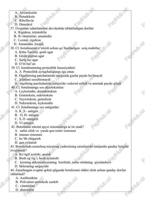 osh aylanishi c. kózning akkomadiyasining buzilishi, nafas olishning qiyinlashuvi d. skleraning sarǵayishi 44. zararlangan ovqatni qobul qilganda botulizmni oldini olish uchun qanday dorilar ishlatiladi? a. antibiotiklar b. polivalent antitoksik zardob c. vitaminlari d. diuretiklar 45. botulizmni davolash uchun qo’llaniladigan dorilik preparatni ko’rsating: a. polivalent-botulinik toksinga qarshi zardob b. antibiotiklar c. b vitaminlari d. neyrolitik preparatlar 46. proteylarning qaysi turi oziq ovqatdan zaharlanishni keltirib chiqaradi: a. p. vulgaris b. r. inconstans c. r.penneri d. r. hauseri. 47. proteyler qaysi oilaga tegishli? a. salmonellaceae b. enterobacteriaceae c. proteaceae d. enterobacillaceae 48. proteylar nafas olish tipi bo’yicha : a. qat’iy aeroblar b. qat’iy anaeroblar c. fakultativ anaeroblar d. mikroerofillar 49. agarli muhitda proteylarning o’sish xarakteri: a. o’rmalab o’sish b. "romashka" shaklida koloniyalar hosil bo’lishi. c. singan shiysha shaklida koloniyalar hosil qiladi d. juda sekin o’sadi, birinchi koloniyalar 72 soatdan keyin paydo bo’ladi 50. proteylar uchun qaysi toksin xarakterli: a. gemolizin b. endotoksin c. …