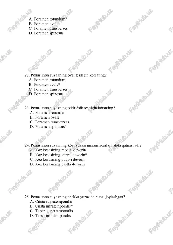 orqa yuzasining órta qismida nima joylashgan? a. tegmen tympani b. porus acusticus internus* c. processus styloideus d. foramen stylomostoideum 50.ichki eshitish yólining diametri va uzunligi qancha? a. diametri 4-5mm; uzinliǵi 11-12 mm;* b. diametri 7-8 mm; uzinliǵi 22-23mm; c. diametri 1-2mm;uzinliǵi 3-4mm; d. diametri 12mm;uzinliǵi 7-8 mm; 51. ichki esitish yóli nima bilan tamomlanadi? a. crista transversa* b. crista spinosus c. crista pyramidalis d. crista temporalis 52. chakka suyagining piramida qismining pastki yuzasida nima joylashgan? a. fossa temporalis b. fossa pyramidalis c. fossa jugularis* d. fossa ethmoidalis 53.canaliculus mastoideus qayerda joylashgan? a. fossa temporalis b. fossa pyramidalis c. fossa jugularis* d. fossa ethmoidalis 54.ichki uyqi arteriyasi qaysi apertura orqali ótadi? a. apertura externa canalis carotici* b. apertura interna canalis carotici c. apertura externa canalis jugularis d. apertura interna canalis jugularis 55.uyqi kanalining tashqi teshigi va bóyintiriq chuqurchasi orasida nima joylashgan? a. fossula temporalis b. fossula pyramidalis c. fossula petrosa* d. …