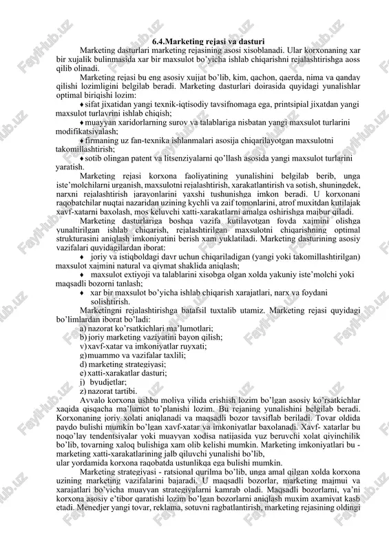 ari urganiladi. marketing uchun tovarni xarid qilish psixologiyasi va extiyojlarni ushbu tovar bilan qondirish mexanizmini aniqlash katta axamiyatga ega. fakat shundagina maxsulot ko’p sotilishiga umid qilish mumkin. taklif etiluvchi maxsulot avvalo, iste’molchi uchun foydali bulishi, undan keyingina ishlab chiqaruvchining o’ziga yokishi lozim. raqobatchilarni urganishdan asosiy maqsad bozorda raqobatli afzallikqa ega bulish, kutilajaq raqiblar bilan xamkorlik qilish uchun zarur ma’lumotlarni olishdan iborat. shu maqsadda raqobatchilarning kychli va zaif tomonlari taxlil qilinib, ularning bozordagi ulushi, iste’molchilarning raqobatchilar marketing vositalariga (tovarni takomillashtirish, tovar maralari, reklama qompaniyalari, servisni rivojlantirish) reaktsiyasi urganiladi. narx tadqiqotlari narxning eng kam xarajatlar bilan eng ko’p foyda olish imkoniyatini beruvchi darajasi va unga mosligini aniqlashga qaratiladi. narx siyosatining mohiyati firma tovarlariga shunday narx urnatish va bozordagi xolatdan kelib chiqqan xolda almashtirishdan iboratqi, bunda belgilangan bozor ulushiga ega bulish, belgilangan foyda xajmini ta’minlash xamda boshqa strategik va operativ vazifalarni bajarish ta’minlanishi lozim. ayniqsa tashqi bozor uchun narx belgilashda extiyot bulish kerak. …