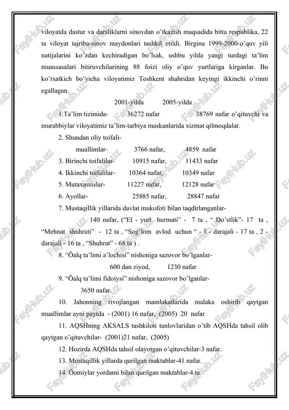 laridan o’tib aqshda tahsil olib qaytgan o’qituvchilar- (2001)21 nafar, (2005) 12. hozirda aqshda tahsil olayotgan o’qituvchilar-3 nafar. 13. mustaqillik yillarda qurilgan maktablar-41 nafar. 14. õomiylar yordami bilan qurilgan maktablar-4 ta. viloyatimiz miqyosdagi ushbu ko’rsatkichlar ham barkamol avlod tarbiyalash ishlariga katta e’tibor qaratilayotganligi namunasidir. muallimlarimiz, murabbiylarimiz erishgan natijalar, o’quvchilar bilim darajasini o’sishi, mamlakat miqyosida “andijoncha ta’lim” degan iboraning paydo bo’lishi, eng avvalo, xalq ta’limi xojimlarini bilimli, iqtidorli, qobiliyatli o’quvchilarni tarbiyalayotganligimizni ko’rsatadi. o’quvchilarimizning bilimlari 1999-yil 16-avgustda qabul qilingan “umumiy o’rta ta’limning davlat standartlari” talablari darajasida egallanmoqda. viloyatimiz o’quvchilari respublika hamda osiyo davlatlari, jahon olimpiadalariga qatnashib, faxrli o’rinlarni egallashga harakat qilishmoqda. 1997-yil 29-avgustda qabul qilingan “ta’lim to’g’risida”gi qonun uzluksiz ta’limni joriy etdi. o’rta maxsus kasb-hunar kollejini yoki oliy ta’limni tugallab mutaxassislikni egallagan shaxs fan-texnikani o’z faoliyatida qo’llay oladigan bo’ldi. xxi asrda yashovchi har bir inson dunyoviy bilimlardan puxta egallagan bo’lishi shart. chunki shiddatli zamon kishilardan turli ehtiyojlarni talab qiladi. prezidentimiz i.a.karimov: “aql-zakovatli, yuksak …