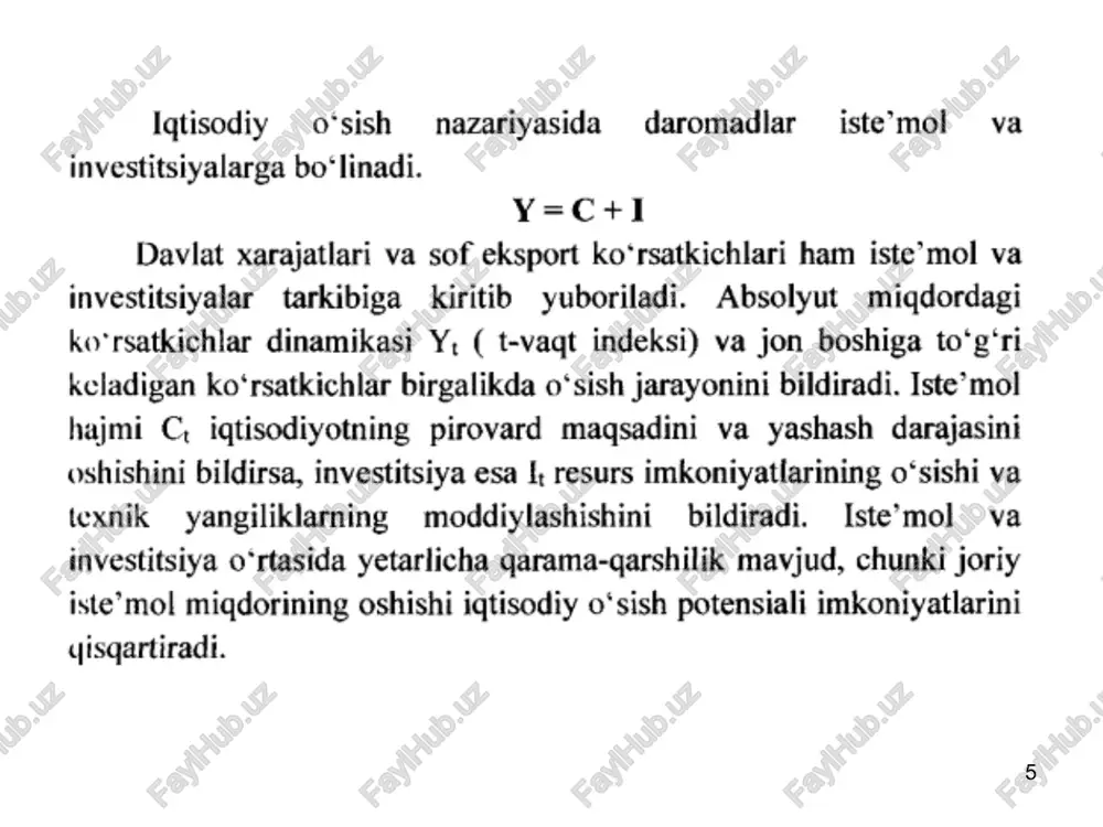 tiladigan kapitalning talabchanlik koeffisenti 2. haqiqiy oʻsish sur'ati ishchi kuchi va kapital unumdorligining oʻsish sur'atlari bilan belgilanadi. gr = s/c yoki gr × s= s gr - yaimning haqiqiy oʻsish sur'ati (real growth), δ y/ y; c- ishlab chiqarishning kapital talabchanligi koeffisenti, i / δ y ; s– milliy daromaddagi jamgʻarish hajmi yoki jamgʻarishga oʻrtacha moyillik, s / y; agar haqiqiy oʻsish sur'ati kafolatlangan oʻsish sur'atiga mos kelsa, iqtisodiyotda barqaror uzluksiz oʻsish ta'minlanadi. amaliyotda bunga doimo erishib boʻlmasligi tufayli qisqa muddatli davriy tebranishlar roʻy beradi. 3. r.xarrod modelida resurslardan toʻliq foydalanilgan sharoitda ta'minlanishi mumkin boʻlgan maksimal oʻsish sur'ati tabiiy oʻsish sur'ati deb nomlandi. c = cr iqtisodiyotning barqaror dinamik muvozanati toʻliq bandlilik sharoitida kafolatlangan va tabiiy oʻsish sur'atlari oʻzaro teng boʻlganda ta'minlanadi. ammo bunday tenglikka davlatning faol aralashuvi orqaligina erishiladi. * * * * * * * * * * tavsiya etiladigan adabiyotlar: agapova t.a., seregina s.f. makroekonomika:uchebnik.-7-e izd.pererab. i …
