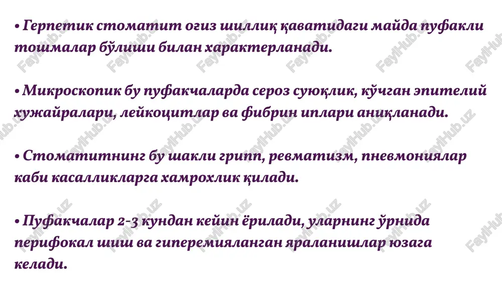 ez turlarga bo'linadi • o'tkir sialoadenitlar seroz, yiringli va gangrenoz bo'ladi. • seroz sialoadenitda seroz shish, tomirlar to'laqonligi, sezilarsiz leykotsitar infiltratsiya, chiqarish yo'llarida sekret, mikroorganizmlar, ko'chgan epiteliy aniqlanadi. • yiringli sialoadenit shish, tomirlar to'laqonligi, qon quyilishlar, diffuz polinuklear infiltratsiya, to'qimalar destruktsiyasi, abstsess o'choqlarini hosil bo'lishi bilan xarakterlanadi. chiqarish yo'llarida leykotsitlar va epiteliy. • gangrenoz sialoadenitda yuqoridagi o'zgarishlarga yirik nekroz o'choqlari qo'shiladi va organizmda septik xolat vujudga keladi. periodontit: sabablari, belgilari va davolash usullari periodontit – bu tishlarni ushlab turuvchi to‘qimalarning yallig‘lanishi bilan kechadigan jiddiy kasallik. agar davolanmasa, tishlarning bo‘shashishiga va hatto yo‘qolishiga olib kelishi mumkin. ushbu taqdimotda biz periodontitning sabablari, belgilari, tashxisi va davolash usullarini ko‘rib chiqamiz. sog‘lom og‘iz bo‘shlig‘ini saqlash va periodontitning oldini olish bo‘yicha maslahatlar beramiz. 52 periodontitning ta'rifi va umumiy ma'lumot ta'rif periodontit – tish atrofidagi suyak va to‘qimalarning yallig‘lanishi. bu holat ko‘pincha gingivitning davolanmagan shakli sifatida boshlanadi. periodontit tishlarni ushlab turuvchi to‘qimalarga zarar yetkazadi. umumiy ma'lumot …