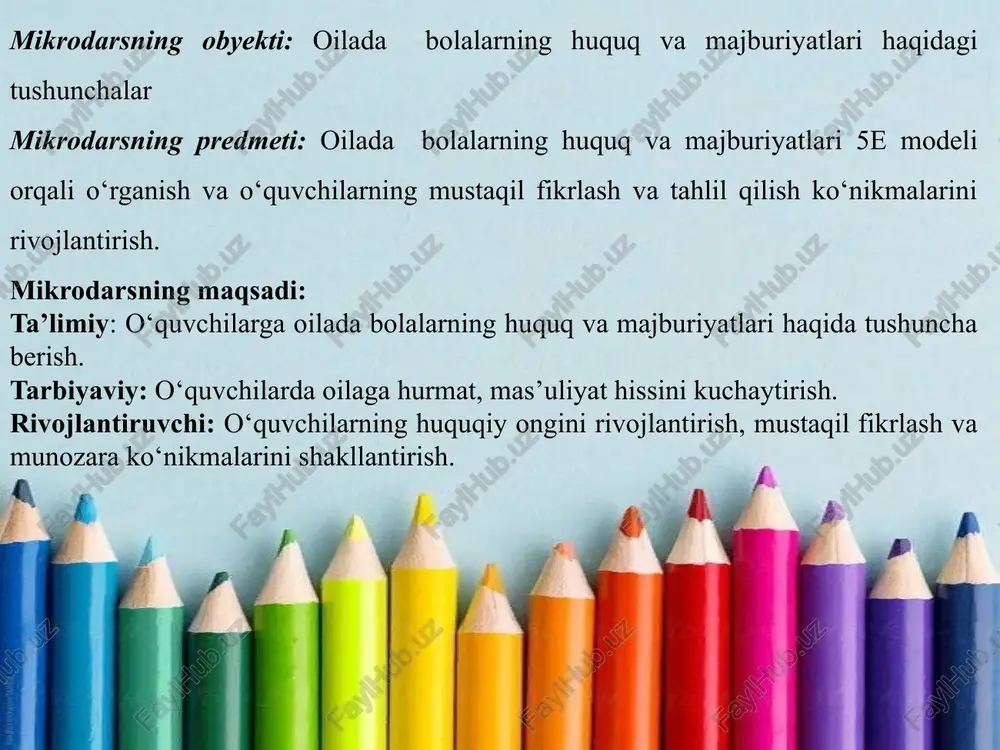 l izlanish va ijodkorlikni rivojlantirish uchun samarali hisoblanadi. 2.huquqiy hujjatlar bilan ishlash ko‘nikmasini shakllantirish – konstitutsiya va “bola huquqlarining kafolatlari to‘g‘risida”gi qonundan amaliy misollar keltirish orqali o‘quvchilarda huquqiy savodxonlikni kuchaytirish lozim. 3.guruhli topshiriqlar va munozaralardan keng foydalanish – o‘quvchilar bir-biridan o‘rganadi, fikr almashadi va huquqiy vaziyatlarga jamoaviy yondashishni o‘rganadi. 4.hayotiy vaziyatlardan foydalanish – o‘quvchilarga huquq va majburiyatlarni amaliyotda qo‘llash imkonini beruvchi keys-stadi, rolli o‘yinlar, muammoli vaziyatlar taklif etish kerak. 5.o‘quvchilarni oilaviy qadriyatlarni qadrlashga o‘rgatish – huquq va majburiyatlarni o‘rganish jarayonida ota-ona, oila va jamiyat oldidagi mas’uliyatni his qilishga yo‘naltirish zarur. 6.baholash jarayonini ijodkorona tashkil etish – testlar, savol-javob, klasterlar, esse yozish orqali o‘quvchilarning bilim, ko‘nikma va munosabatlarini kompleks baholash tavsiya etiladi. 7.axborot-kommunikatsiya texnologiyalaridan foydalanish – taqdimotlar, videoroliklar, interaktiv o‘yinlar orqali mavzuni yanada qiziqarli qilish mumkin. foydalanilgan adabiyotlar ro‘yxati 1.o‘zbekiston respublikasi konstitutsiyasi. – toshkent: o‘zbekiston, 2023. 2.o‘zbekiston respublikasi qonuni “bola huquqlarining kafolatlari to‘g‘risida”. – toshkent, 2008. 3.o‘zbekiston respublikasi qonuni “ta’lim to‘g‘risida”. …