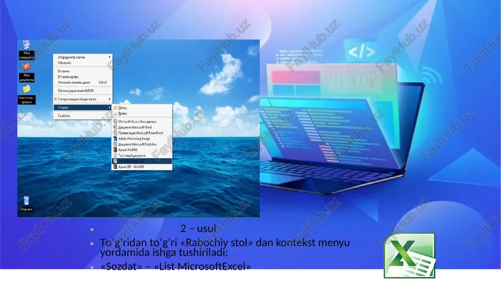 ktron jadvallarning qiyosiy tahlili 46 elektron jadvallarda yaratigan hujjatlar ko’rinishi microsoft excel 47 libre office calc ishchi oynasi 48 microsoft office excel dasturi ishchi oynasi 2. ma'lumotlarni ko`rib chiqish, qayta ishlash va umumlashtirish instrumentlari excel elektron jadvalida ma`lumotlarni ko`rish, qayta ishlash, umumlashtirish, jadvaldagi sonlarni formulalar hisoblash imkoniyati mavjud formula va funktsiyalar bilan ishlash elektron jadvalga formulalar kiritish. excel jadvali yacheykalariga sonlar va matnlarni kiritishdan tashqari, unga hisoblash formulalarini ham kiritish mumkin. hisoblash formulalarini kiritishda yacheykaning birinchi pozitsiyasiga tenglik (=) belgisini kiritish lozim. faqat shunda excel dasturi bu yacheykaga formula kiritilganligini biladi va u hisoblashni amalga oshiradi. natijada bu yacheykada hisoblangan formula qiymati paydo bo`ladi. formula o`zi esa shu yacheyka ostida yashiringan holda saqlanadi. kursor shu yacheykada bo`lganda formula formulalar satri qatorida aks etadi. formulani shu yacheykada ko`rish uchun esa yacheykani ikki marta tez-tez bosish kerak bo`ladi. 52 microsoft excelda joriy hujjatda formulalardan foydalanish. excel funktsiyalari excel hisoblash formulalarini ishlatishda o`zining …