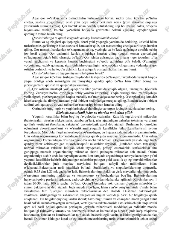 ga chiqqandan so‘ng, bino yaqinida turmang, ochiq maydonga o‘ting. xotirjamlikni qo‘ldan bermang va boshqalarni ham tinchlantirishga harakat qiling! yuqori kavatlarda yashasangizu, bino ichida qolishingizga to‘g‘ri kelgan bo‘lsa, u holda xavfsiz joyni: ichki devor oldi, burchak, ichki devor oralig‘i yoki tayanch ustun ostini tanlang. iloji bo‘lsa, stol ostiga berkining - u sizni pastga tushayotgan buyumlar va bo‘laklardan muhofaza qiladi. deraza va og‘ir mebellardan uzoqroqda turing. yoningizda bolalaringiz bo‘lsa, ularni o‘z tanangiz bilan berkiting. sham, gugurt, yondirgichlardan foydalanmang - gaz chiqib ketgan bo‘lsa yong‘in sababchisiga aylanib qolasiz. osma ayvonlar, karnizlar, to‘sinlardan uzoqroq turing, uzilgan elektr simlaridan ehtiyot bo‘ling. avtomobilda bo‘lsangiz. ochiq joyda to‘xtatib, silkinish tugamaguncha, eshiklarni ochib qo‘ygan holda, avtomobil ichida qoling. odamlarni qutqarayottan vaqtda yordam ko‘rsatishga shay turing. zilziladan so‘ng qanday harakat qilish kerak? muhtojlarga birinchi yordam ko‘rsating. vayrona uyumlari ostidan qutqarib olish mumkin bo‘lganlarni ozod qiling. ehtiyot bo‘ling! zarurat bo‘lmasa, telefonni band qilmang. radiopriyomnikni ishlatib qo‘ying. mahalliy hokimiyat, favqulodda vaziyatlar …
