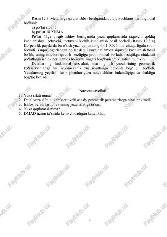 g katta qalinlikdagi yasalish hosil bo‘ladi. qirqish tyezligi plastik deformasiyalash haroratiga ta’sir qiladi. harorat yuqori bo‘lganida yasalgan qoplama o‘z tarkibini (krisstall panjalarni) qayta tiklab yumshashi mumkin. qirqish jarayonida yuza qatlamda qoldiq kuchlanish hosil bo‘lib, uning miqdori qirqish tezligi, uzatish, qirqish asbobi geometriyasi, o‘tkirligi va ishlov beriladigan materialning xossalariga bog‘liq bo‘ladi. qirqish tezligi eng kuchli ta’sir etuvchi faktorlardan biridir. yuzaga kichik tezlikda qirqib ishlov berilganida siquvchi qoldiq kuchlanish hosil bo‘ladi, katta tezlikda ishlov berilganida qoldiq kuchlanish turli qatlamlarda har-xil bo‘lishi kuzatiladi. rasm 12.3. metallarga qirqib ishlov berilganida qoldiq kuchlanishlarning hosil bo‘lishi: a) po‘lat stol 45 b) po‘lat 18 xnma po‘lat 45ga qirqib ishlov berilganida yuza qoplamasida siquvchi qoldiq kuchlanishga o‘tuvchi, tortuvchi kichik kuchlanish hosil bo‘ladi (rasm 12.3 a) ko‘pchilik paytlarda bu o‘tish yuza qatlamning 0,01-0,025mm chuqurligida sodir bo‘ladi. yuqori ligerlangan po‘lat detali yuza qatlamida siquvchi kuchlanish hosil bo‘lib, uning miqdori qirqish tezligiga proporsional bo‘ladi. issiqlikga chidamli po‘latlarga ishlov berilganida ham shu …