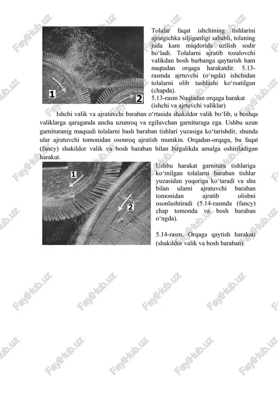 yuzasiga ko‘tarishdir, shunda ular ajratuvchi tomonidan osonroq ajratish mumkin. orqadan-orqaga, bu faqat (fancy) shakildor valik va bosh baraban bilan birgalikda amalga oshiriladigan harakat. ushbu harakat garnitura tishlariga ko‘milgan tolalarni baraban tishlar yuzasidan yuqoriga ko‘taradi va shu bilan ularni ajratuvchi baraban tomonidan ajratib olisbni osonlashtiradi (5.14-rasmda (fancy) chap tomonda va bosh baraban o‘ngda). 5.14-rasm. orqaga qaytish harakati (shakildor valik va bosh baraban) image7.emf image8.emf image1.png image2.png image3.png image4.png image5.png image6.png