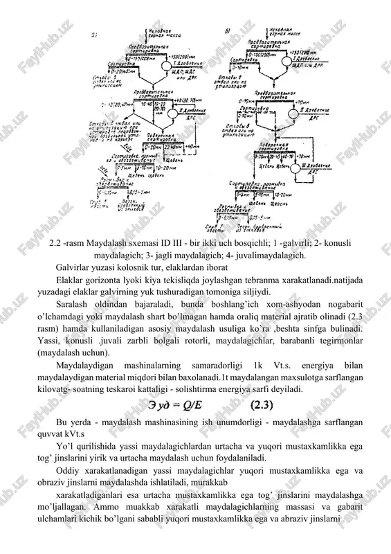 va chiqindilardan foydalanishni ko’zda tutish lozim. texnologik jarayonlarni menxanizatsiyalashtirish. qayta ishlash jarayonida materiaalarni yirikligiga ko’ra ikki sinfga bulish mumkin. bu vazifani bajaruvchi uskunalar mexanik va gidravlik tasir qilish printsiplariga asoslanadi. yassi, egri yuzali (galvirli) mexanik galvirdan utkazish eng ko’p qo’llaniladi. saralashga tushadigan sochiluvchan qorishma boshlangich iameoial (maxsulot) deb ataladi. o’lchamlari galvirning teshegidan kata bo’lgan bo’laklar 9donalar0 yuxada koladi. ular galvir ustidagi maxsulot (yuqori sinfli)deb ataladi;galvirning teshiklaridan utgan donalar galvir ostidagi maxsulot(past sinfli) deb ataladi. galvir ustidagi maxsulot “kushuv “belgisi bilan galvir ostidagi maxsulot “ayiruv” belgisi bilan belgilanadi.agar boshlangich material tegishli 40 mm li galvirda ajratilsa, yuqori sinf +40 pastki sinf esa -40 deb belgilanadi, yani galvirning bita yuzasi boshlangich materialni ikkita sinfga ajratadi.agar saralanadigan material hama yuzada birin-ketin galvirdan utsa a+1 sinflar (a -g’alvir elaklar soni) xosil bo’ladi. (2.3 rasm) maydalashdagi saralash sxemasi a- oldindan saralash b- oldindan va sinab( naxorat qilib) saralab maydalash. maydalash va yanchish mashinalari teksli-konstruktiv belgilari …