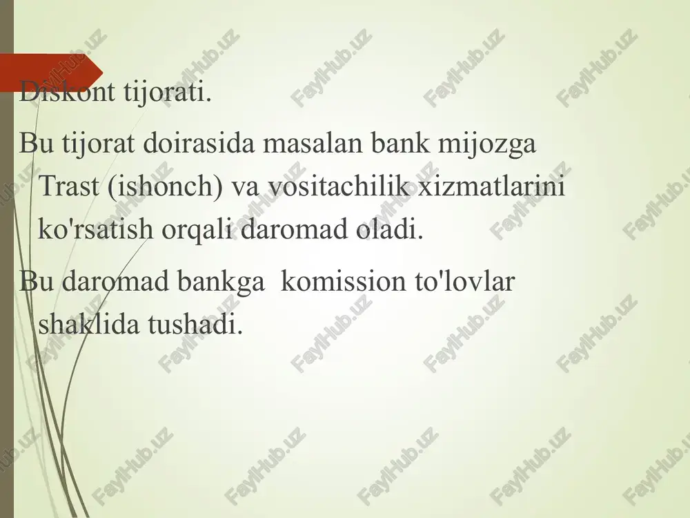ir o’z bank kapitalini jamg’arishning ko’rsatilayotgan xizmatlarning hajmini kengaytirishning bank barqarorligini ta’minlashning tijorat banklari foydasining xarakterli belgilari: qo’shimcha qiymat hosil qiluvchi bank mablag’lari tarkibi bir xil emas, uning asosiy qismi jalb qilingan mablag’dan, qolgan qismi xususiy mablag’dan iborat tijorat banklari akkumlyatsiya qilingan mablag’larning egalari bo’lmasada, shu mablag’larni faoliyat ko’rsatuvchi boshqa xo’jalik yurituvchi sub’yektlarning oborotiga joylashtiradilar va foiz shaklida foyda oladilar. demak, ana shu foizlar ular foydasining asosiy manbasi bo’lib hisoblanadi va uning bir qismi muomala xarajatlarini qoplashga sarf etiladi tijorat banklarining foydasi har doim alohida tovar shakliga ya’ni pul shakliga egadir, shuning uchun ham u hech qachon tovar substansiyasini yo’qotmaydi tijorat banklari foydasining o’ziga xos xususiyati shundan iboratki, ishlab chiqarish sohasida muomala xarajatlari to’liq foizlar hisobidan qoplanadi. oqibat natijada tijorat banklarida foyda olingan foizlar va muomala xarajatlari o’rtasidagi farq sifatida shakllanadi. foyda hajmining o’sishidan manfaatdor iqtisodiy guruhlar: shuningdek, o’zlarining pul mablag’larini joylashtiruvchi bankning ta’sischilari, aksionerlari ham foyda hajmidan manfaatdordir. foyda …