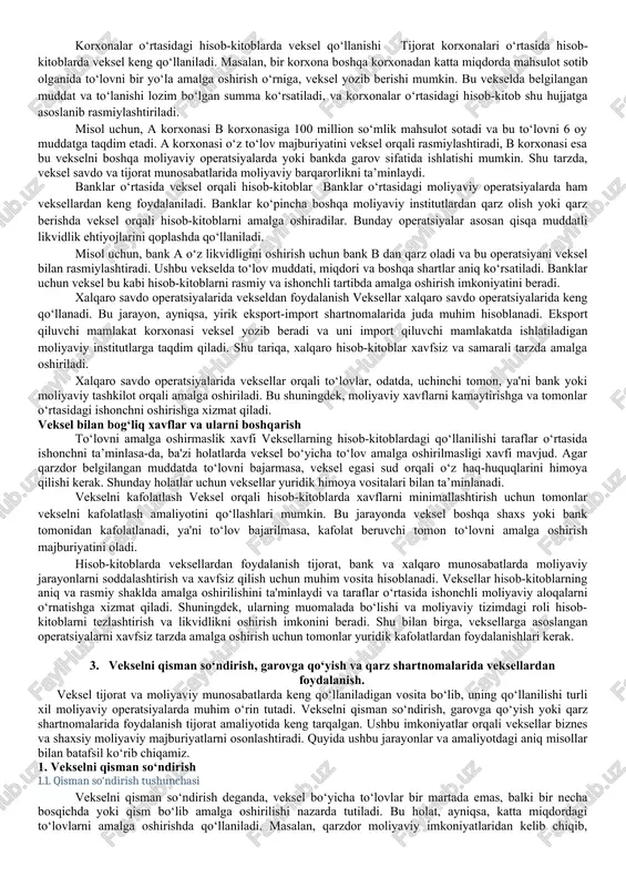 ni ta’minlash imkonini beradi. shu bilan birga, veksel orqali amalga oshiriladigan moliyaviy operatsiyalar aniq va tartibli bo‘ladi, bu esa taraflar o‘rtasidagi ishonchni oshiradi. vekselning turkumlanishi veksellar bir necha turlarga ajratilishi mumkin, bu esa ulardan qaysi maqsadda foydalanishni aniqlab beradi. vekselning turkumlanishi uning iqtisodiy munosabatlarda qaysi sharoitda qo‘llanishiga bog‘liq. oddiy veksel (prostoy veksel) oddiy veksel – bu moliyaviy hujjat bo‘lib, to‘g‘ridan-to‘g‘ri qarzdor va kreditor o‘rtasida majburiyatlarni ifodalaydi. qarzdor ushbu veksel orqali kreditorga belgilangan muddatda va miqdorda qarzni qaytarish majburiyatini oladi. oddiy veksel, odatda, shaxslar yoki kichik korxonalar o‘rtasida qo‘llaniladi, chunki bunday holatlarda uchinchi tomonlar aralashuvi talab qilinmaydi. ko‘rgazmali veksel (perevodnoy veksel) ko‘rgazmali veksel (tratta) – bu uch tomonlama moliyaviy munosabatlarni ifodalaydigan hujjat. bu turdagi vekselda qarzdor (trassant), vekselni oluvchi (trassirant) va to‘lovchi uchinchi tomon (trass) qatnashadi. trassant vekselni yozib beradi va to‘lovchi trass tomonidan trassirantga to‘lanadigan mablag‘ni ko‘rsatadi. ko‘rgazmali veksel xalqaro savdo operatsiyalarida keng qo‘llaniladi. muddatli veksel muddatli veksel – bu …