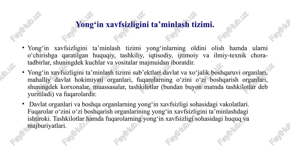 on tarmoqlarida yagona raqam — 01 o‘rnatiladi. yong‘in kelib chiqqanligi to‘g‘risidagi xabarni olgach, davlat yong‘in xavfsizligi xizmati bo‘linmalari yong‘in joyiga darhol jo‘nab ketishi shart. zarur hollarda, yong‘inlarni o‘chirish chog‘ida yong‘in kuchayishining (tarqalishining) hamda yong‘in bilan bog‘liq bo‘lgan, odamlarga, yuridik va jismoniy shaxslarning mol-mulkiga, atrof tabiiy muhitga tahdid soluvchi xavfli omillarning oldini olish uchun: yong‘inlar tarqalgan (tarqalish ehtimoli bo‘lgan) va xavf keltirib chiqaradigan joylarga kirib borishga doir; yong‘inlarning kuchayishiga (tarqalishiga) to‘sqinlik qiladigan va ularni bartaraf etishni ta’minlaydigan sharoitlarni yaratishga doir; tashkilotlar va fuqarolarda mavjud bo‘lgan aloqa, transport vositalaridan, asbob-uskunalardan, yong‘inni o‘chirish vositalari va olovni o‘chirish moddalaridan keyinchalik o‘rni belgilangan tartibda qoplanishi sharti bilan foydalanishga doir; tegishli xizmatlarni jalb etgan holda jamoat tartibini ta’minlash, yong‘inlar o‘chirilayotgan joylarni qo‘riqlash (shu jumladan yong‘inlarning kelib chiqish va kuchayish (tarqalish) sabablarini, sharoitlarini tekshirish chog‘ida), yo‘l harakatini tartibga solish, evakuatsiya qilish va (yoki) yong‘in kelib chiqqan joyda boshqa tadbirlarni amalga oshirishga doir harakatlar bajariladi. yong‘indan saqlash xizmati …