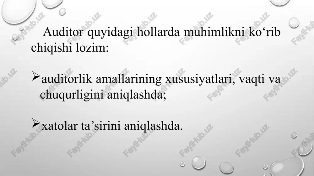 ijoz-korxona faoliyati(biznesi)ning ko‘lami. mulkchilikning tashkiliy-huquqiy shakllari kreditorlik qarzlarining miqdori va tavsifi. demak, auditorlik risklarning maqbul to‘plami deganda, o‘tkazilgan auditorlik tekshiruvlari natijasida yanglish mulohazaga kelish va natijada, noto‘g‘ri auditorlik xulosasi tuzish ehtimoli (xavfi) tushuniladi. yuqorida bayon etilganidek, auditorlik risklarining maqbul to‘plami bir qancha risklardan iborat. umumiy auditorlik amaliyotida auditorlik risklarining maqbul to‘plamiga quyidagicha yondashuv ishlab chiqilgan va ular quyidagi formula ko‘rinishida ifodalangan: dar = ir x cr x dr dar (desired audit risk) – armt (auditorlik risklarning maqbul to‘plami); ir (internal risk) – ixr (ichki xo‘jalik riski); sr (control risk) – nr (nazorat riski); dr (detection risk) – ar (aniqlanmaslik ya’ni xatolar va moliyaviy hisobotdagi kamchiliklarning aniqlanmaslik riski). ichki xo‘jalik risklariga ta’sir ko‘rsatuvchi omillarga quyidagilar ham kiritilishi mumkin: rahbariyat va xodimlar malakaviy darajalarining pastligi; kelajakka o‘ta ishonch bilan qarash (loqaydlik); rahbarlikning haddan tashqari maydalashtirib yuborilishi oqibatida buxgalteriya ustidan yagona nazorat yo‘qolib, u yerda har bir kishi mas’uliyatni bir-biriga yuklaydilar. undan tashqari …