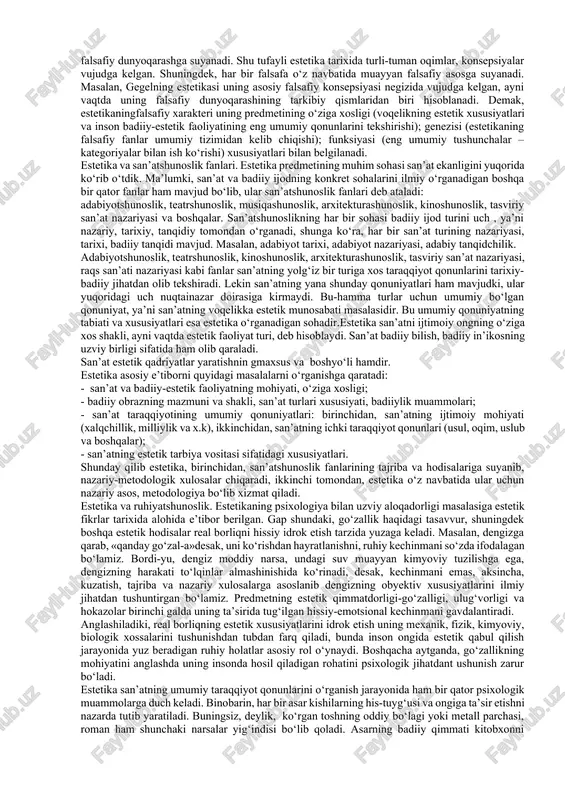 stetik munosabatning obyektiv zamini, qonuniyati va zaruriyati, boshqacha aytganda, estetik faoliyatning tarixiy-ijtimoiy shartlang bildiradi.olamni estetik o‘zlashtirishning ikkinchi tomoni subyektivlikni ifodalab, yuqorida tilga olingan obyektiv borliqning estetik xususiyatlari, shuningdek kishilarning estetik faoliyati natijalari, mahsulotlari ta’sirida shakllanadigan estetikong (estetikdid, estetiktuyg‘u, estetikorzu-ideal, estetik qarash va nazariyalar)ni ko‘zda tutadi. inson tomonidan borliqni hissiy ta’sirchanlik asosida o‘zlashtirishning maxsus shakli sifatida esa san’at paydo bo‘lgan. shu ma’noda san’at birinchi navbatda yuqoridagi ikki jihat, ya’ni obyektiv va subyektiv hissiy ta’sirchanlikning o‘ziga xos his qiluvi, qorishmasi, birligidan iboratdir. ayni vaqtda san’at ijtimoiy ongning o‘ziga xos shakli bo‘lib, voqelikni badiiy obrazlar orqali aks ettirib, kishilarning estetik tuyg‘ulari, didlari, ideallarini, ongini tarkib toptiradi. shuningdek, san’at estetik faoliyat turi sifatida olamni muayyan estetik orzu-ideallar asosida qaytadan yaratadi va o‘zgartiradi. ko‘rinadiki, estetika keng ma’noda voqelikni estetik o‘zlashtirish qonunlarini o‘rganadigan fan sohasidir. binobarin, bunday o‘zlashtirish, bir tomondan, olamning estetik xususiyatlari va xossalarini bilishga, ikkinchidan, shu asosda amaliy faoliyat ko‘rsatishga asoslanadi. shuning uchun estetikaning …