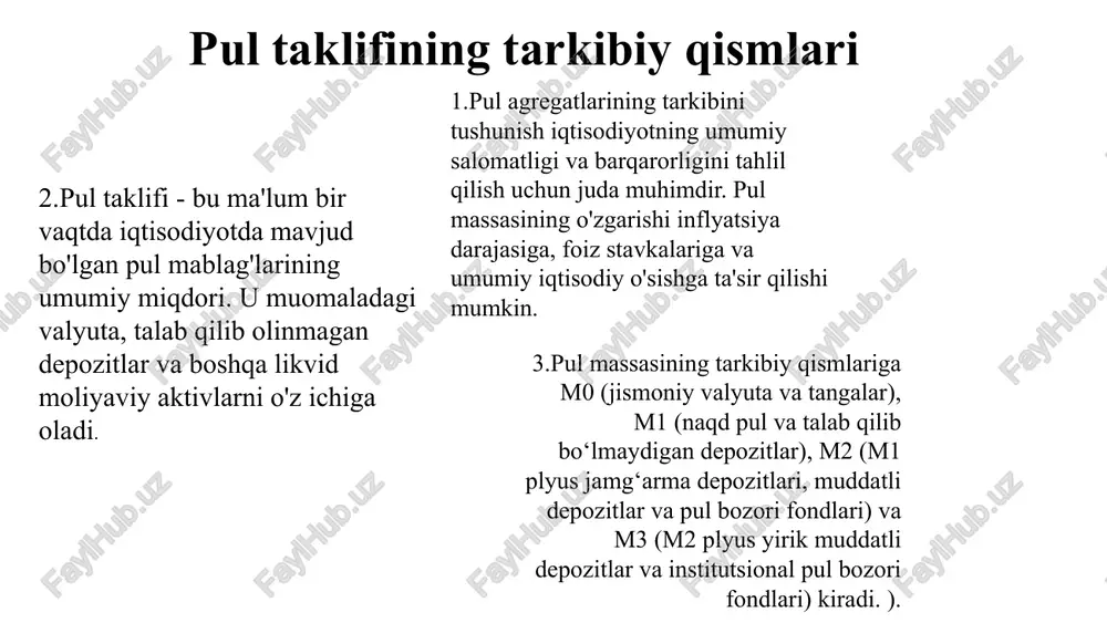 ilan belgilanadi. markaziy banklar ko'pincha foiz stavkalaridan pul massasini nazorat qilish va iqtisodiy faoliyatni tartibga solish vositasi sifatida foydalanadilar. pul taklifining iqtisodiyotga ta'siri iqtisodiyotda muomaladagi pulning umumiy miqdorini bildiruvchi pul massasi umumiy iqtisodiy muhitni shakllantirishda hal qiluvchi rol o'ynaydi. pul massasining o'zgarishi turli iqtisodiy ko'rsatkichlarga chuqur ta'sir ko'rsatishi mumkin. pul massasidagi o'zgarishlarning asosiy ta'siridan biri ularning inflyatsiyaga ta'siridir. pul massasining oshishi inflyatsiyaga olib kelishi mumkin, chunki valyutaning xarid qobiliyati pasayadi. aksincha, pul massasining kamayishi deflyatsiyaga olib kelishi mumkin. bundan tashqari, pul massasidagi tebranishlar foiz stavkalariga ham ta'sir ko'rsatishi va oxir-oqibat investitsiya qarorlariga, iste'mol xarajatlari naqshlariga va umumiy iqtisodiy o'sishga ta'sir qilishi mumkin. iqtisodiy barqarorlikni saqlash uchun siyosatchilar uchun pul taklifini diqqat bilan kuzatish va boshqarish juda muhimdir. makroiqtisodiy tahlilda pul agregatlari pul taklifi makroiqtisodiy tahlilning muhim tarkibiy qismi bo'lib, iqtisodiyotda muomaladagi pulning umumiy miqdorini aks ettiradi. pul agregatlari pullarni turli likvidlik darajalariga qarab toifalarga ajratadi. makroiqtisodiy tahlilda pul agregatlari haqida …
