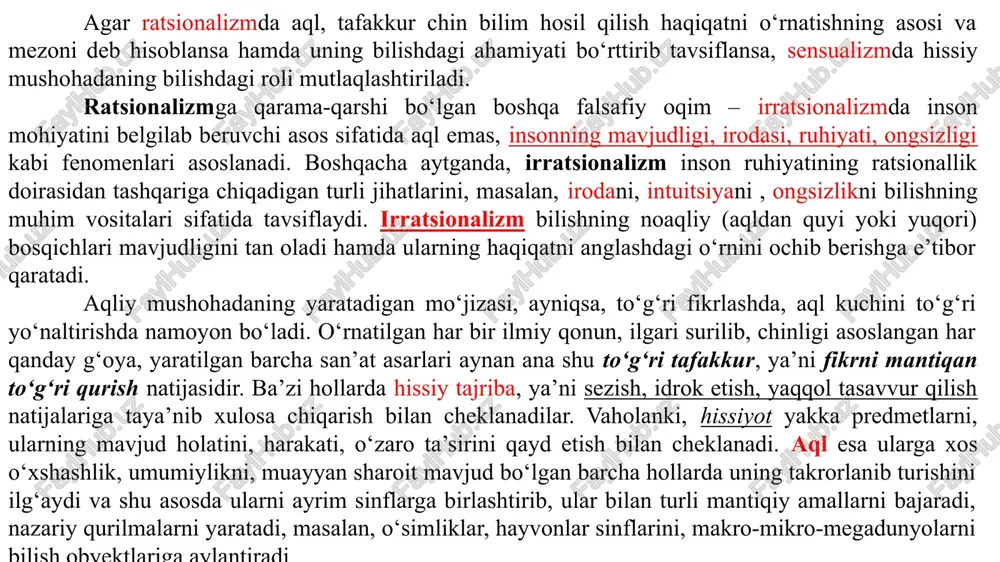 ur, aql kundalik hayotiy tajribamizga tayanadi, undan oziqlangani holda hayotiy tushunchalarni yaratadi va bu bilan mazkur tushunchalarni ilmiy asosda talqin etish, aniqlashtirish uchun zamin tayyorlaydi. masalan, har kuni quyoshning sharqdan chiqib, g‘arbga botishini kuzatamiz, u huddi yer atrofida aylanayotgandek bo‘lib tuyuladi. ana shu kundalik tajriba natijasiga taya’nib, ptolomey geotsentrik nazariyani (yer markazi bo‘lgan quyosh sistemasi haqidagi ta’limotni) yaratdi. bilish, tafakkur rivoji, xususan, astronomiya sohasidagi keyingi tadqiqotlar yerning dumaloq planeta ekanligini, uning o‘z o‘qi va quyosh atrofida aylanishini ko‘rsatdi. bu kopernikning geliotsentrik nazariyasining (quyosh markaz bo‘lgan sistemaning) yaratilishida o‘z ifodasi va isbotini topdi. aqliy mushohada, tafakkurning boshqa bilish manbalari bilan bo‘lgan munosabatini aniqroq tasavvur qilish uchun ularning o‘ziga xosliklari, bilishdagi vazifalari, imkoniyatlari to‘g‘risida ma’lumotga ega bo‘lish zarur. bilish, yuqorida aytib o‘tilganidek, murakkab, ziddiyatli, turli xil darajalarda va shakllarda amalga oshadigan jarayondir. uning dastlabki bosqichini hissiy bilish – insonning sezgi organlari yordamida bilishi tashkil etadi. bu bosqichda predmet va hodisalarning tashqi xususiyatlari …