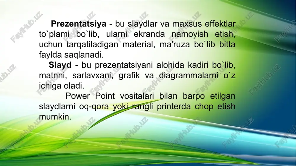 google drive-ga internet orqali quyidagi url manzil orqali kirasiz: https://drive.google.com yangi slayd bilan ishlash oynasi libreoffice impres impress – libre office taqdimot dasturi. bu sizga turli xil elementlarni o'z ichiga olgan slaydlar, shu jumladan matn, markalangan va raqamlangan ro'yxatlar, jadvallar, diagrammalar va rasmlar, rasmlar va fotosuratlar kabi turli xil grafikalarni yaratishga imkon beradi. impress shuningdek, prezentatsiyalar yaratish uchun foydalaniladi. asosiysi impress oynasida uchta maydon mavjud (chapdan o'ngga): slayd paneli, ish maydoni va yon panel. bundan tashqari, taqdimotni yaratishda bir nechta asboblar paneli ko'rsatilishi yoki yashirilishi mumkin. impres oynasi libreoffice impress dastur oynasi powerpoint keynote google slides tegishli dasturlar microsoft office 365 qismi iwork ni bir qismi google drive ofis paketining bir qismi eksport qilinadigan fayl turlari office powerpoint formatlariga qo'shimcha ravishda .pdf, .xps, .mp4, .wmv, .odp, .gif, .jpg, .png, .gif, .bmp, .tif, .wmf, .emf va .rtf kiradi .pdf, turli xil powerpoint fayllari, quicktime, html, rasmlar va keynote 2009 o'z ichiga …