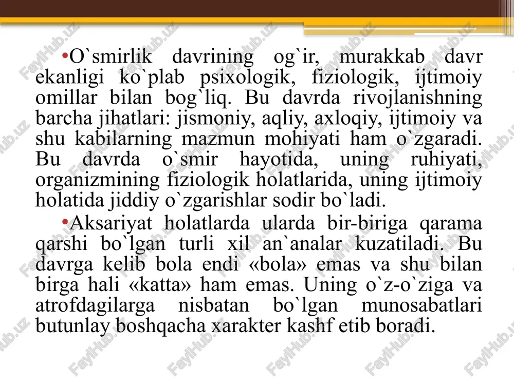 qilish tengdoshlar tomonidan qoralanadi. va buni o`smirning o`zi ham xohlamaydi. bu davrda o`smirlarga kattalar tomonidan oldingidek ko`rsatiladigan iltifot, erkalashlar erish tuyuladi. endi ular o`zlarini erkalab, silab siypashlarini, «arzimagan narsalar» uchun kattalar tomonidan bildiriladigan olqishlarni «yoqtirmaydi». endi ular atrofdagilarni hissiy qo`llab-quvvatlashlaridan xoliroq bo`lishga, o`z muammolarini o`zlari shaxsan hal qilishga intiladilar. oldinlari ko`chada, bog`chada, maktabda yuz bergan voqealar haqida uyidagilarga shikoyat qilib ota-onasidan yordam so`ragan bo`lsalar, endi oiladan tashqarida birontasidan dakki eshitib, kaltak yeb kelgan taqdirda ham bu haqda ota-onasiga bildirmaslikka harakat qiladi va imkon qadar ota-onalarini uning «ishlariga» aralashmasliklarini xohlaydi. bularning barchasi o`smirlarda bevosita kuzatiladigan emotsional avtonomiyaning ta`siridir. o’smirlarni psixik o’sishini harakatga keltiruvchi kuch nima? o’smirning psixik o’sishini harakatga keltiruvchi kuch – uning faolyatini vujudga keltirgan ehtiyojlar bilan ularni qondirish imkonyatlari o’rtasidagi qarama – qarshilikning namoyon bo’lishidir. image8.jpeg image9.png image10.gif image11.gif image12.gif image13.jpeg image14.jpeg image15.jpeg image16.jpeg image17.jpeg image18.jpeg image19.png image20.png image21.jpeg image22.jpeg image23.gif image24.jpeg image25.gif image26.gif image27.jpeg image4.png image5.png /docprops/thumbnail.jpeg