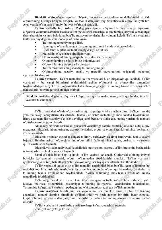 izlanishli yaxlit yondashuv bo’yicha ta’lim metodlari tasnifi (yu.k.babanskiy): · bilim, ko’nikma va malakalarni mustahkamlash va nazorat qilish metodlari. · o’quv-bilish faoliyatini tashkil etish va amalga oshirish metodlari. · o’quv-bilish faoliyatini motivatsiyalash va rag’batlantirish metodlari. · o’quv-bilish faoliyatini nazorat va o’z-o’zini nazorat qilish metodlari. interfaol metodlar va grafik organayzerlar. o’rganilayotganlarini o’zlashtirishga da’vat qilish metodlari yangi materialni anglash metodlari o’rganilganlarini fikrlashga imkon beruvchi metodlar erkin yozish. klaster. aqliy hujum. b-b-b chizmasi. chalkashtirilgan mantiqiy zanjirlar ketma-ketligi. semantik xususiyatlar tahlili. semantik xususiyatlar tahlili. b-b-b chizmasi. o’qitish bo’yicha qo’llanma. bir-biriga o’rgatish. bir-biridan so’rash. ikki qismli kundaliklar. eng asosiy tushunchalar, takrorlash. t-chizma. kontseptual jadval. venn diagrammasi. nilufar guli. besh minutlik esse. o’n minutlik esse. ta’lim metodlarining mohiyati va mazmuni. hikoya – o’qituvchi tomonidan mavzuga oid dalil, hodisa va voqealarning yaxlit yoki qismlarga bo’lib, tasviriy vositalar yordamida obrazli tasvirlash yo’li bilan ixcham, qisqa va izchil bayon qilinishi. metodning samarasi ko’p jihatdan o’qituvchining nuqt mahorati, so’zlarni o’z o’rnida, …