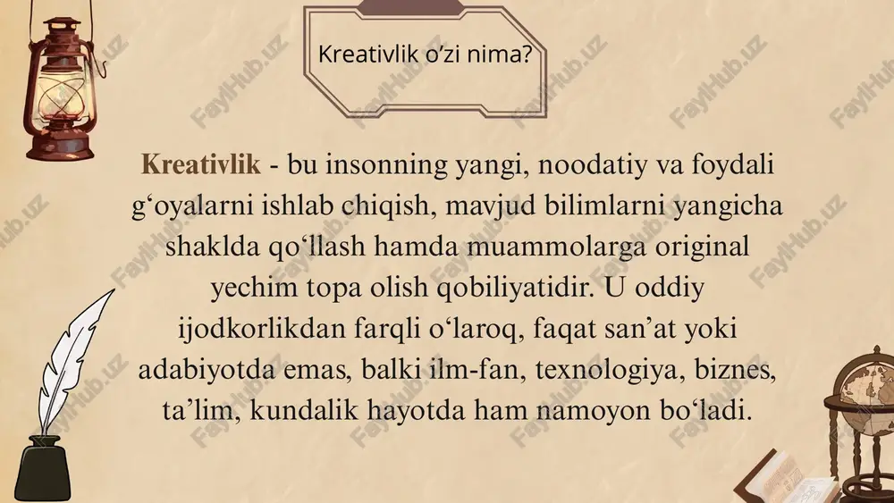 v pedagogikada o‘qituvchi hamkorlik va erkin muloqot tamoyillariga asoslanadi. o‘qituvchi roli o‘quvchi bilimni tayyor qabul qiluvchi emas, balki ijodkor, izlanuvchi va yaratuvchi shaxs sifatida namoyon bo‘ladi. mustaqil fikrlash, g‘oya ilgari surish va yechim topish jarayonida faol qatnashadi. o‘quvchi o‘z ustida ishlash, savol berish va bilimni amaliyotda qo‘llash ko‘nikmasini egallaydi. dars jarayoni o‘quvchini faol, erkin va mas’uliyatli shaxs sifatida shakllantiradi. o‘quvchi roli o‘quvchilarda ijodiy va tanqidiy fikrlashni rivojlantiradi. faol o‘quvchi va hamkorlikdagi ta’limni shakllantiradi. dars jarayonini qiziqarli, motivatsion va samarali qiladi. o‘quvchilarning mustaqil qaror qabul qilish va mas’uliyatini oshiradi. innovatsion texnologiya va interfaol metodlardan keng foydalanadi. o‘quvchi bilimni amaliyotda qo‘llash imkoniyatiga ega bo‘ladi. ✅ kreativ pedagogikaning afzalliklari: ba’zi o‘qituvchilarda kreativ yondashuv ko‘nikmalari yetishmaydi. texnik vositalar va resurslar har doim ham yetarli emas. o‘quvchilarning ijodiy faolligi teng emas (hamma birday faol bo‘lmaydi). an’anaviy ta’lim tizimi bilan moslashishda qiyinchiliklar bo‘lishi mumkin. kreativ metodlarni qo‘llash ko‘p hollarda ko‘proq vaqt va tayyorgarlik talab qiladi. ⚠️ …