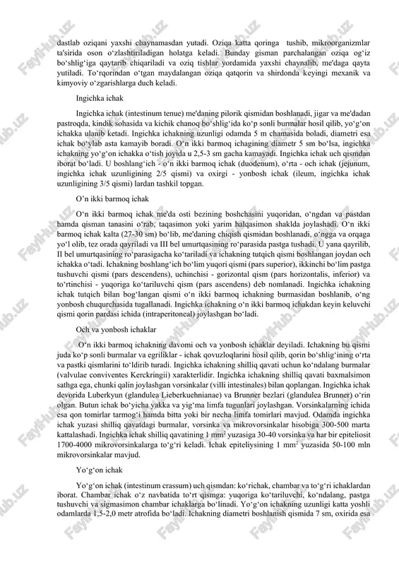 hiladi. og'iz ko'rfazi yon va past tomondan visseral ravoq hosilalari bilan chegaralangan. bu ravoqning yuqori jag' o'simtasidan: yuqori jag', tanglay, yuqori labning tashqi qismi, lunj, burun bo'shlig'ining yon devori hosil bo'ladi. juft pastki jag' o'simtasining birikishidan esa pastki jag', pastki lab, og'iz bo'shlig'ining tubi hosil bo'ladi. yuqori jag' o'simtalari orasiga peshona bo'rtig'ining o'rta burun o'simtasi kiradi va undan qattiq tanglayning keskich qismi va yuqori labning o'rta qismi hosil bo'ladi. agar shu o'simta yuqori jag' o'simtalari bilan birikmasa, yuqori lablar birikmay, quyon lab (labium leporinum), yuqori jag' o'simtasining tanglay plastinkasi birikmay qolsa, bo'ri og'iz (palatum fissum) hosil bo'ladi. og‘iz bo'shlig'i. og'iz bo'shlig'i (cavitas oris, grekcha—stoma) hazm a’zolari tizimining boshlang'ich qismi. og'iz bo'shlig'i pastdan og'iz diafragmasi (diaphragma oris), yuqoridan qattiq va yumshoq tanglay, yon tomondan lunjlar, old tomondan lablar bilan chegaralansa, orqada tomoq teshigi (fauces) vositasida halqum bilan qo'shiladi. tishlar va jag'larning alveolar o'simtalari og'iz bo'shlig'ini ikki: og'iz dahlizi va xususiy og'iz …